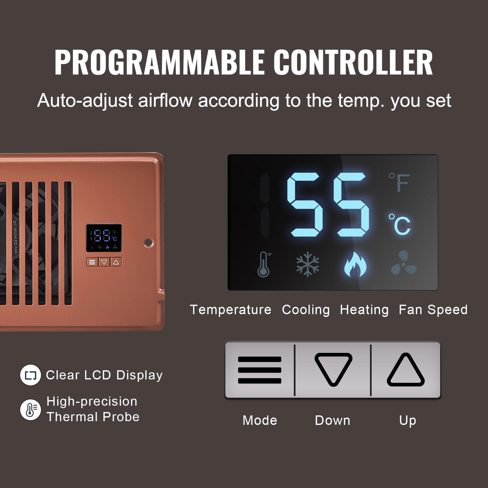 HONGGE Register Booster Fan Quiet Vent Fits Holes with Remote Control and Thermostat
