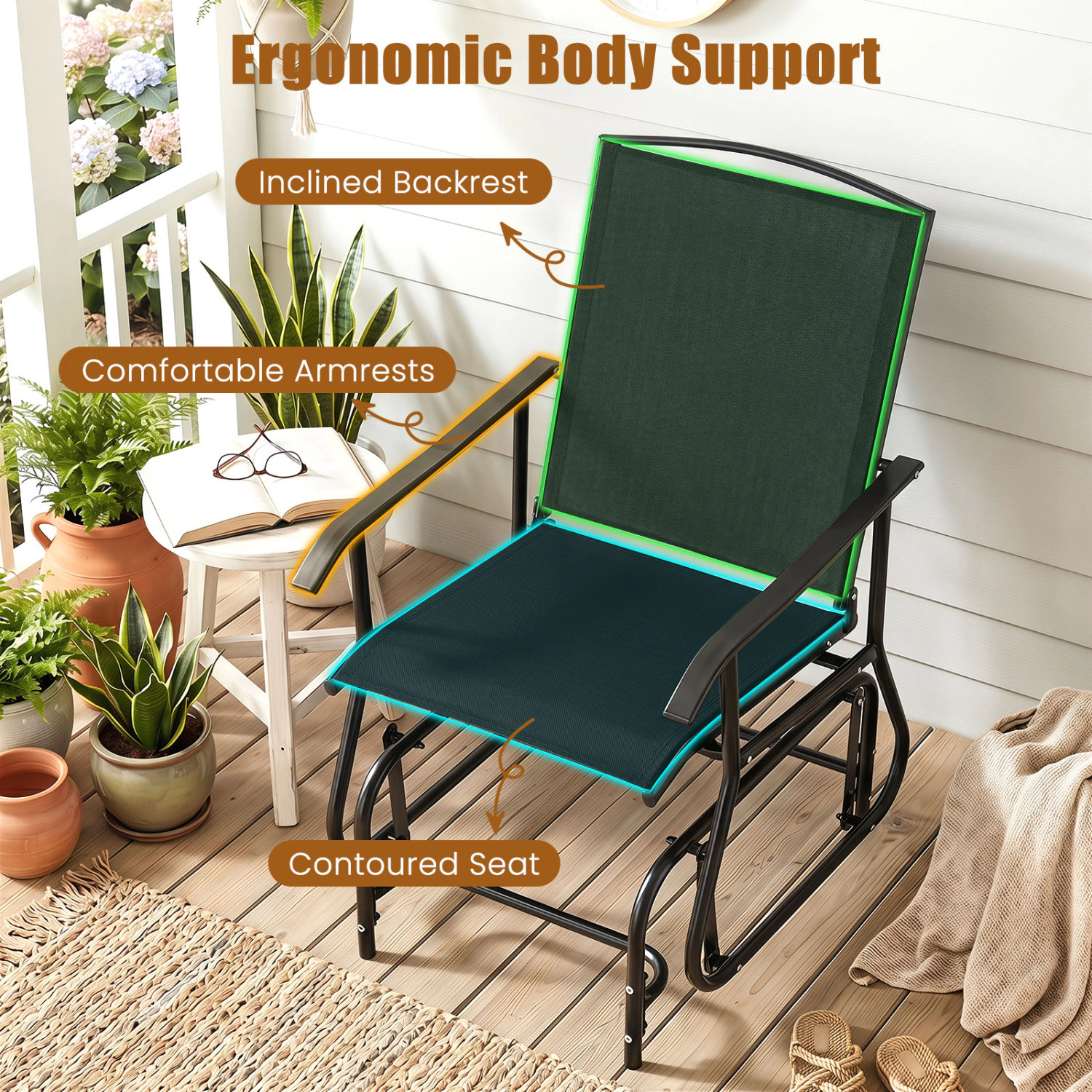 LJG Outdoor Glider Chair with Metal Frame and Armrests
