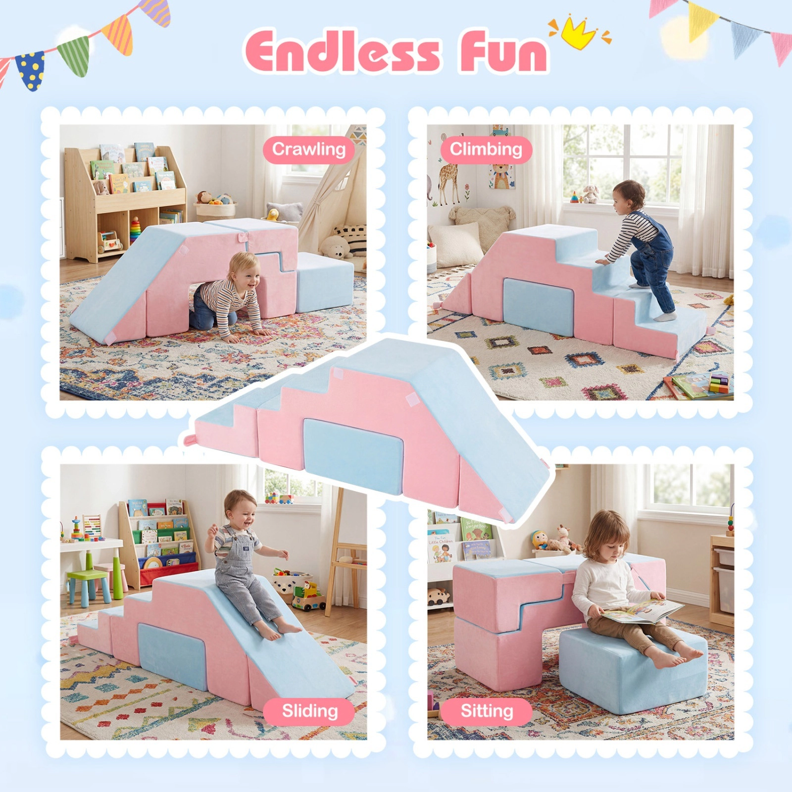 4-in-1 Foam Climbing Blocks Toddlers Crystal Velvet Indoor Climb Crawl Slide Sit Set Foldable Soft Play Toys Pink
