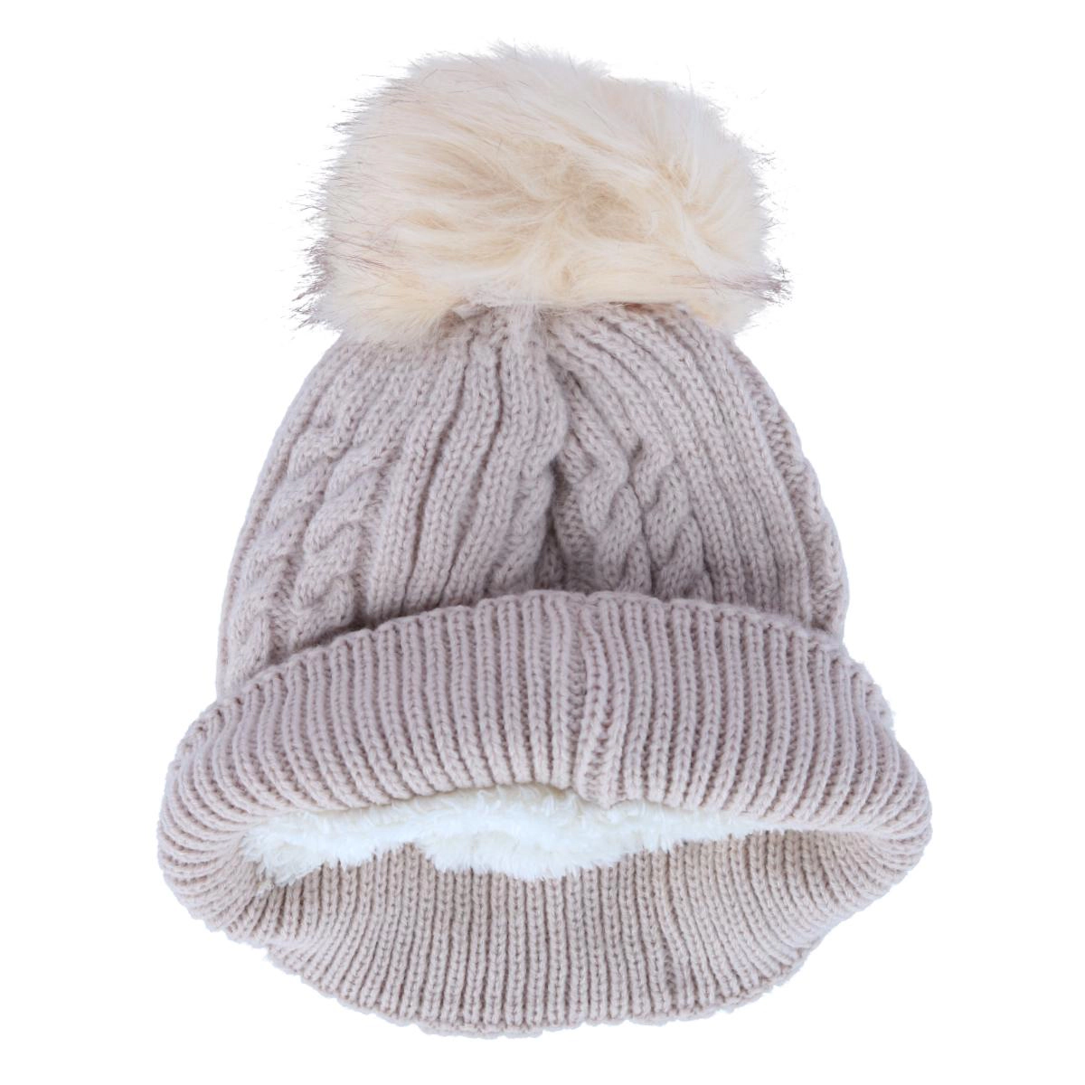 CTM Women's Knit Winter Beanie with Cuff and Synthetic Fur Pom