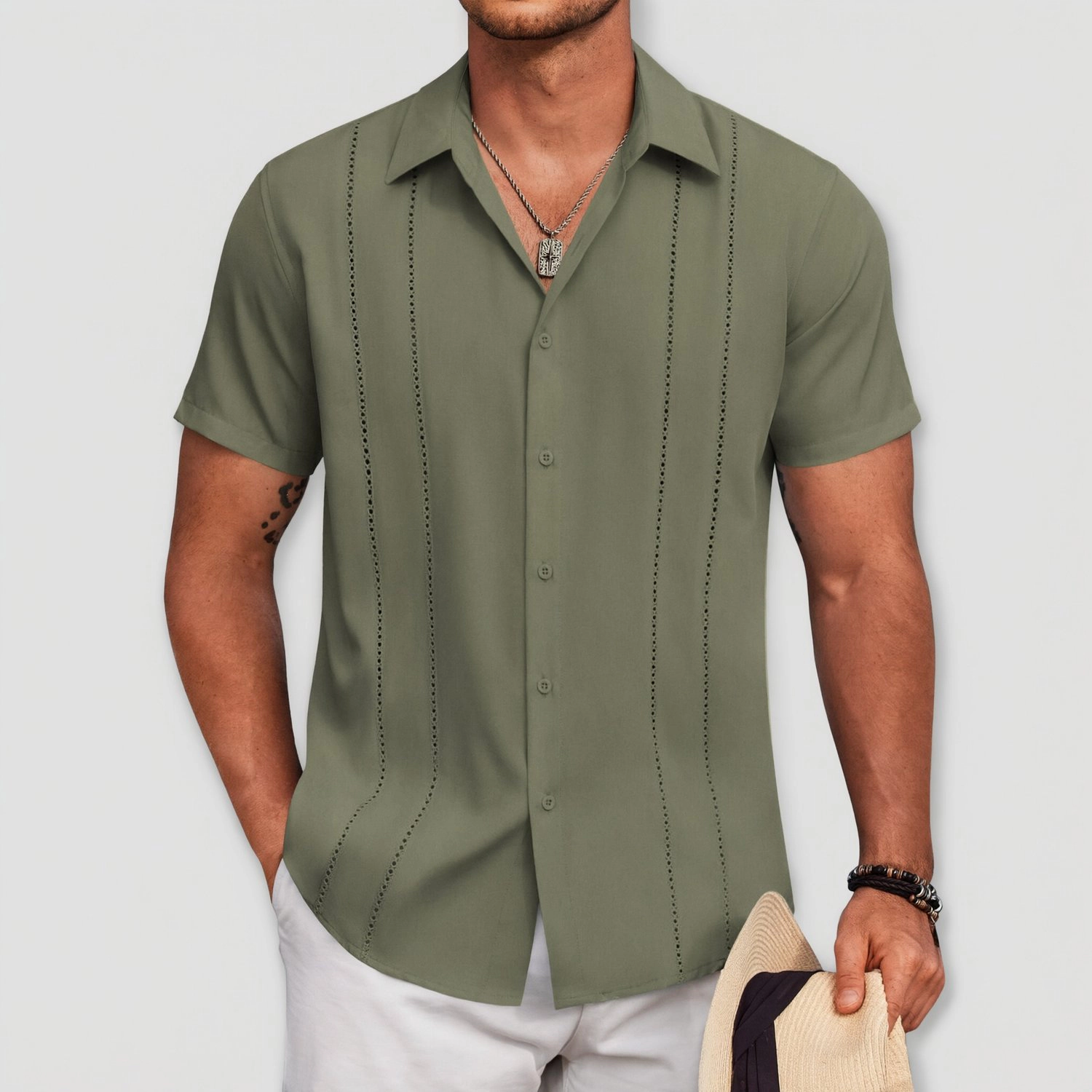 COOFANDY Mens Short Sleeve Button Down Shirts Cuban Collar Pleated  Tops
