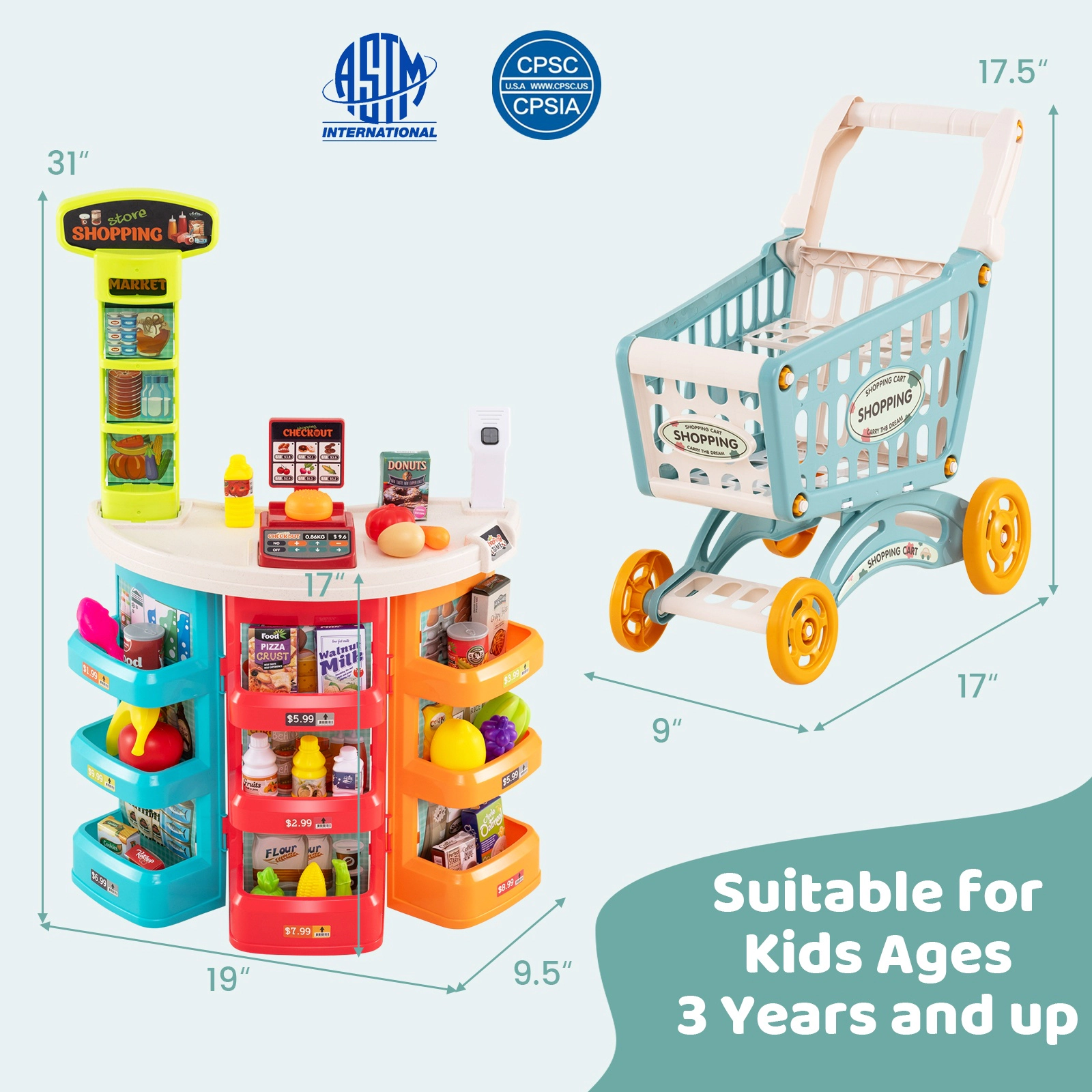 SUGIFT Blue Shopping Cart 76-Piece Kids Supermarket Playset Pretend Grocery Store