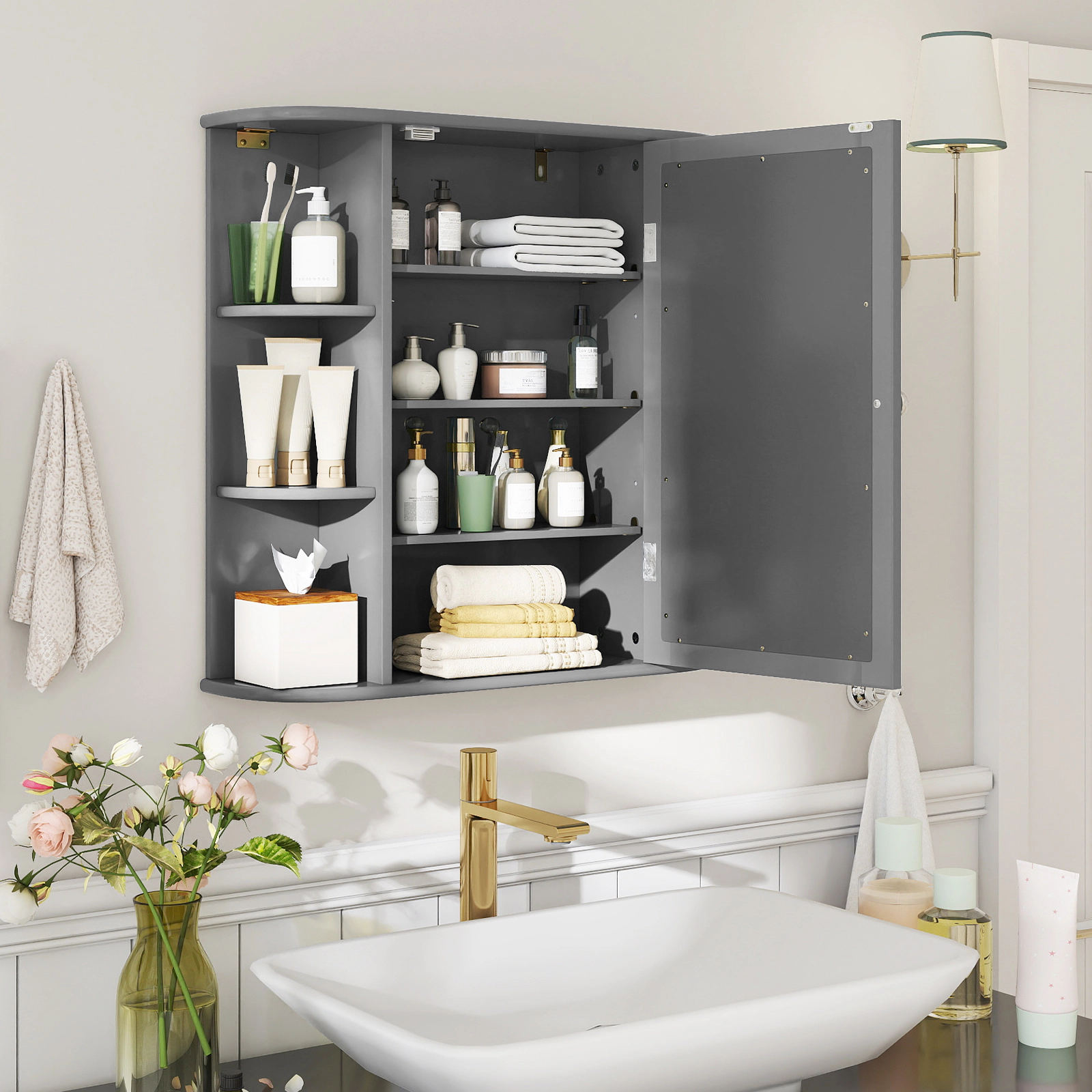 SUGIFT Mirrored Door 4 Internal Tiers 6 Open Shelves Bathroom Medicine Cabinet 26-in x 6.5-in x 25-in 44-lb Top Gray