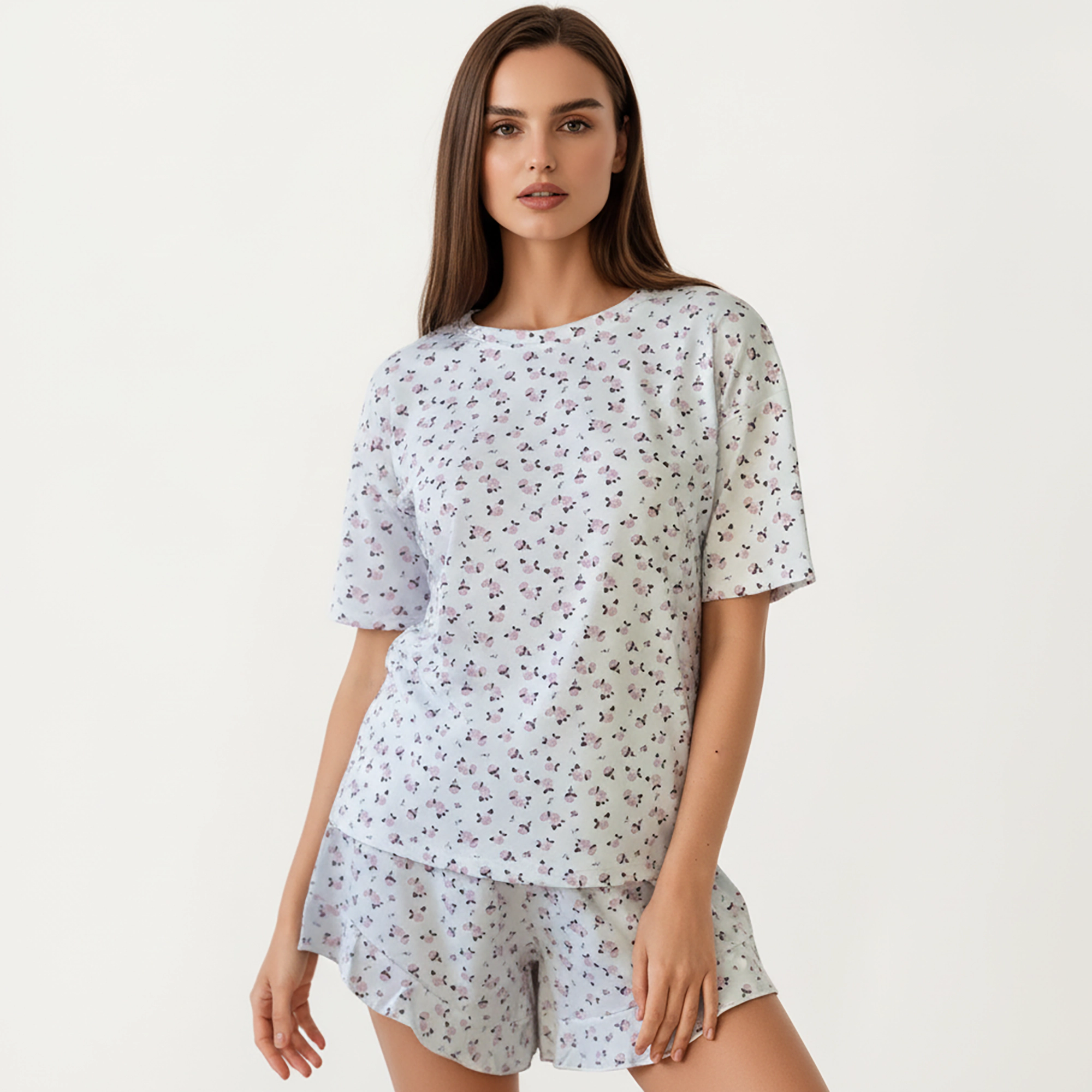 Anna-Kaci Women's Tiny Rose Print Crew Neck Pajama Set with Short Sleeves and Ruffle Trim Shorts