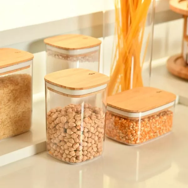 OU Airtight Food Storage Container Set 8pc, Clear Plastic Container w/ Leak Proof Bamboo Lid, Stackable Pantry Organizer