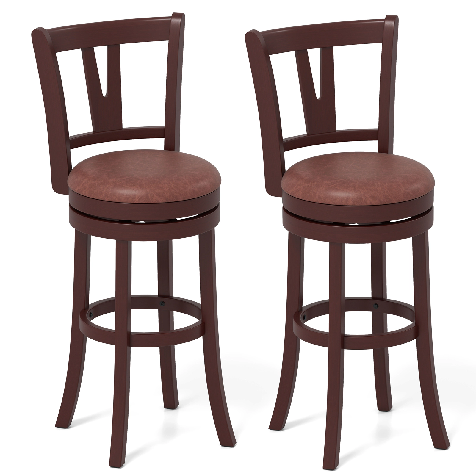 SUGIFT Set of 2 Cappuccino Faux Leather Swivel Bar Stools, 30-Inch High Back