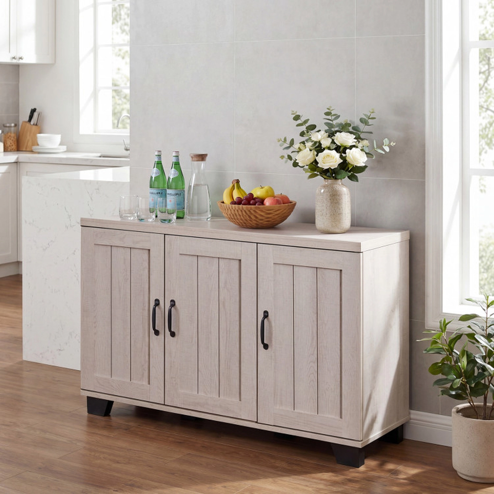 SUGIFT 45-in 132-lb Countertop Whitewashed Oak 3-Door Buffet Sideboard with 3-Level Adjustable Shelves