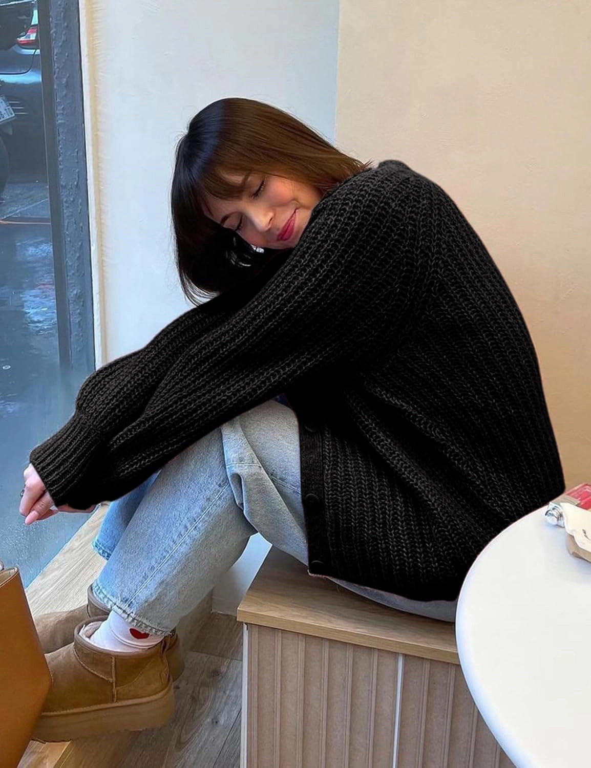 KOJOOIN Women Cropped Chunky Knit Cardigan Button Down Sweater Loose Fit Jacket for Fall Winter