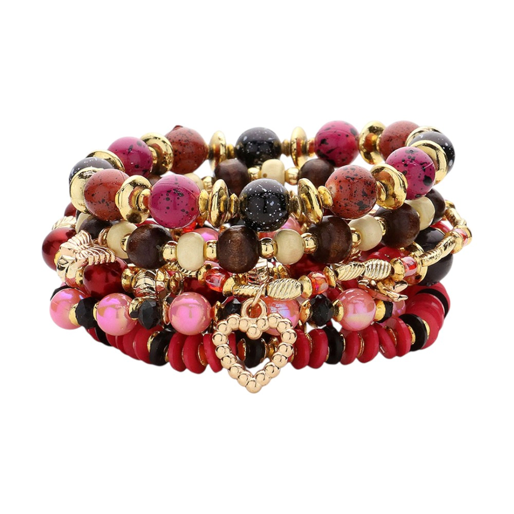 FASHNZFAB 7PCS Charm Pointed Various Beads Beaded Stretch Multi Layered Bracelets