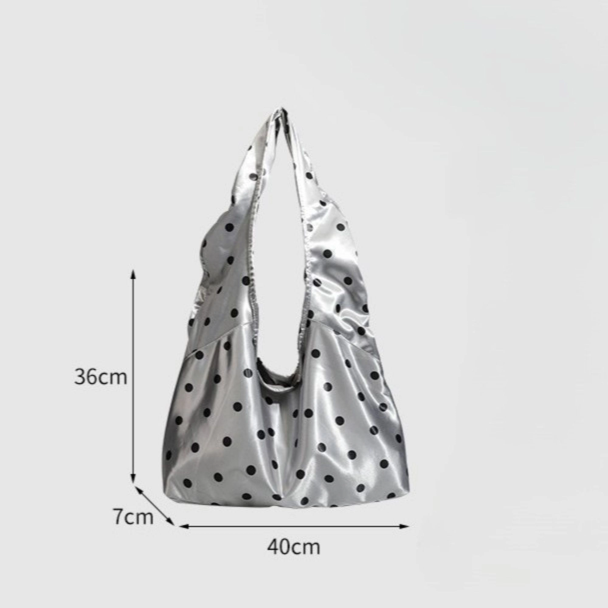 Alilang Women's Silver Polka Dot Satin Tote Bag, Lightweight Slouchy Shoulder Bag for Women
