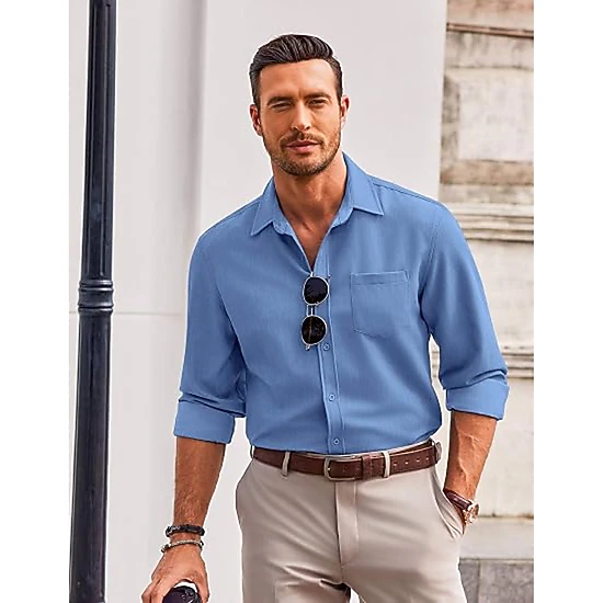 COOFANDY Mens Long Sleeve Button Down Shirts Spread Collar Chest Pocket Casual Tops