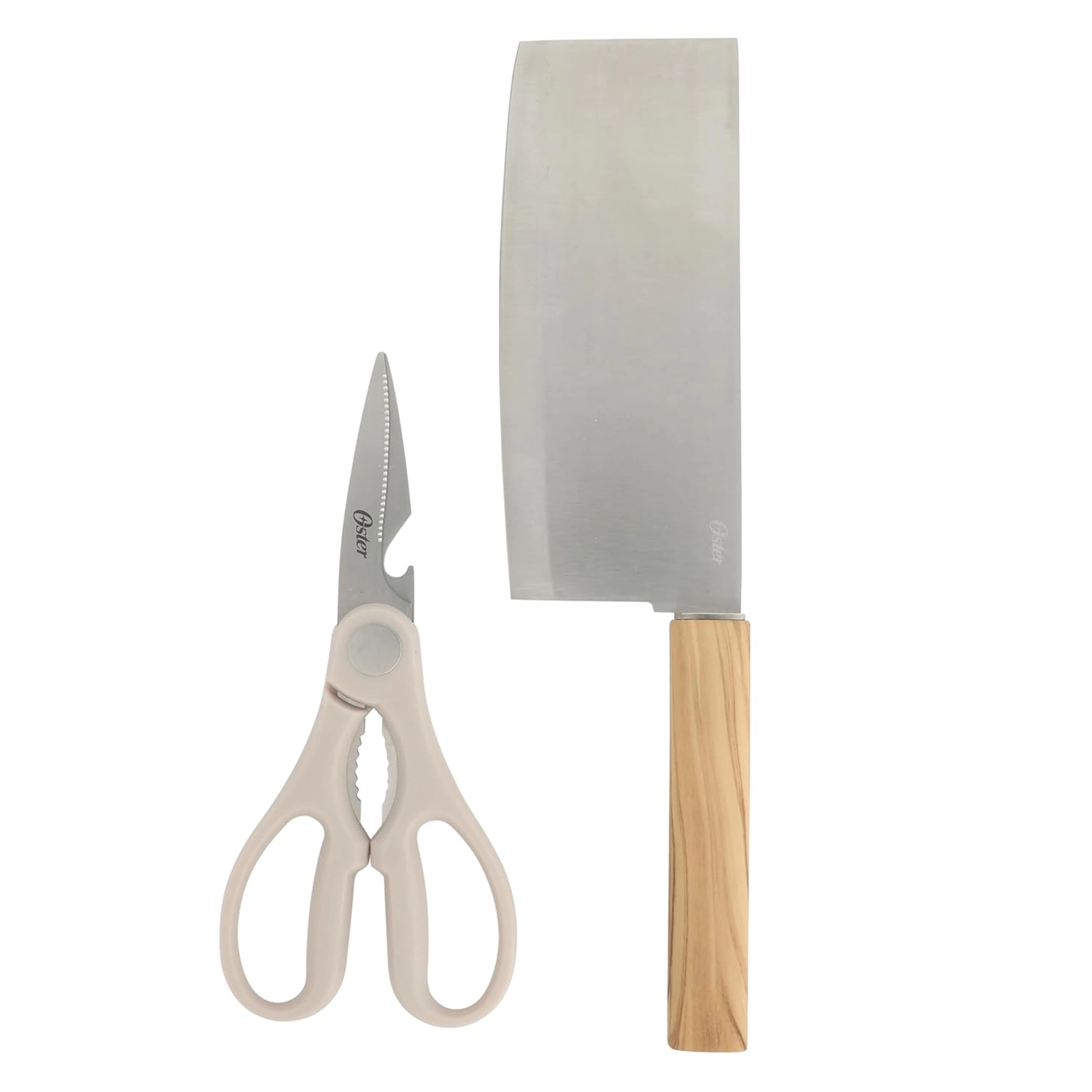 Oster Huntingfield 2 Piece Stainless Steel Cleaver and Scissor Set with Faux Wood Handles