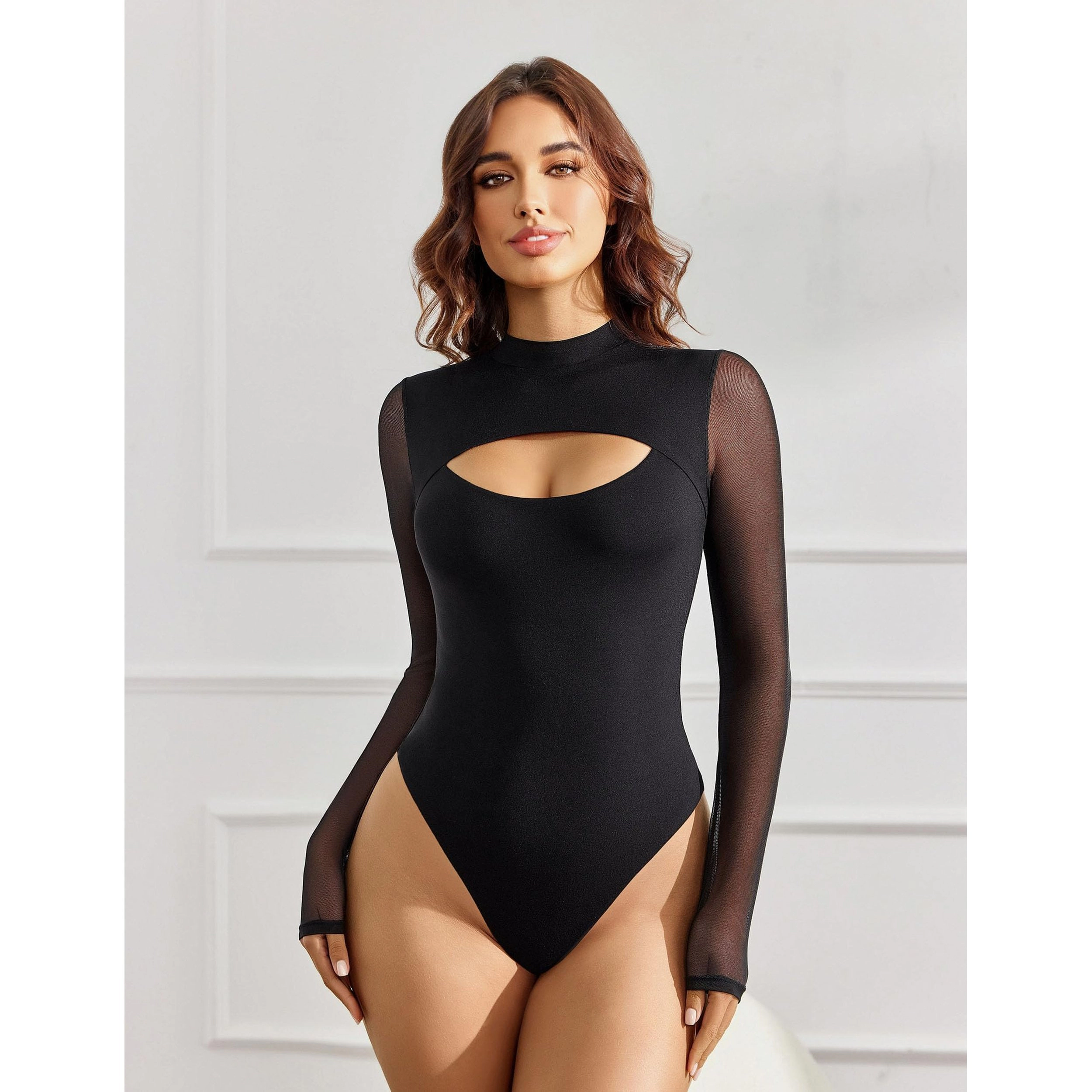 Avidlove Women's Long Sleeve Turtle Neck Mesh Double Lined Cutout Thong Bodysuit