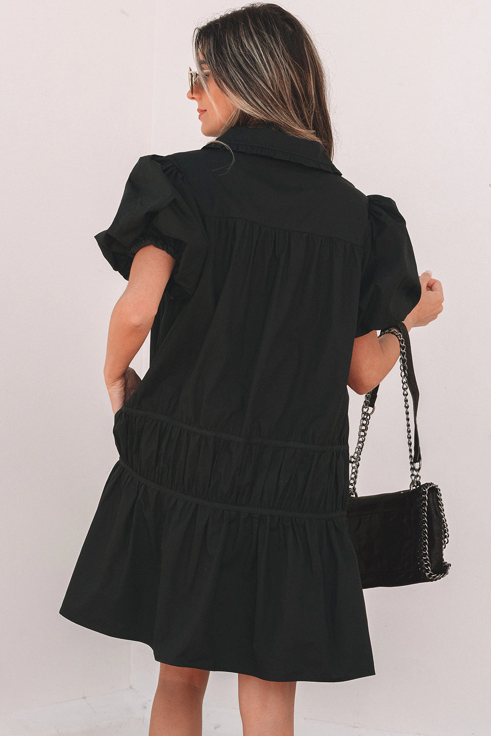 Threaded Pear Women's Cassidy Button Down Puff Sleeve Ruffle Hem Dress