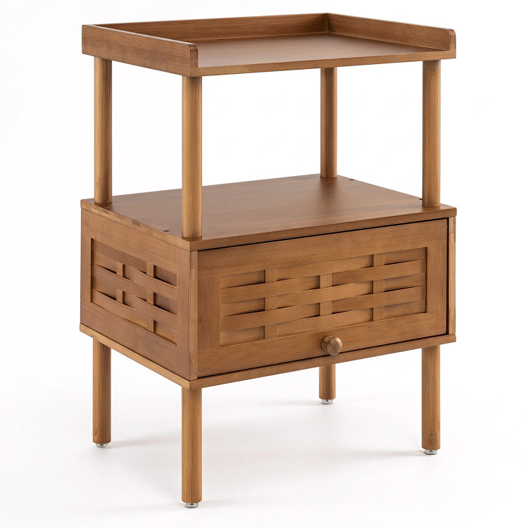 Hivvago Bamboo Rattan Nightstand With Raised Edge Flip-Up Door And Open Shelf