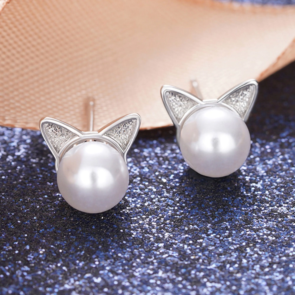 Wardrobe Whimsy Dainty Cat Ear Imitation Pearl Stud Earrings Cute Animal Theme Jewelry