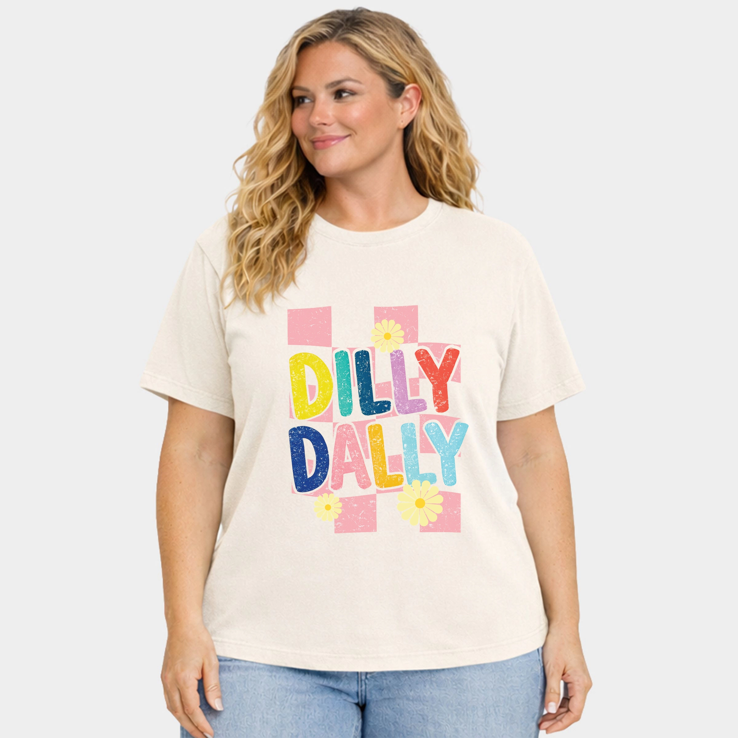 Simply Sage Market - Dilly Dally Checkered Women's Plus Sized Garment Dyed Graphic T-Shirt