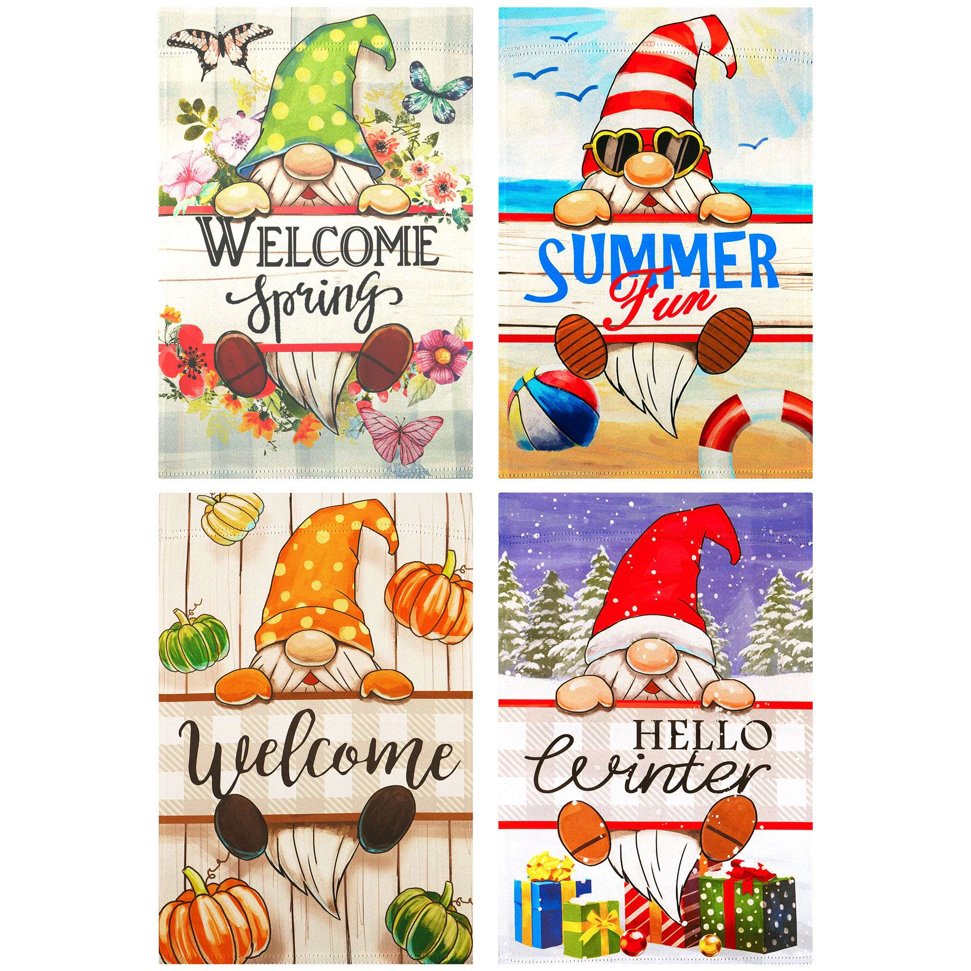 G128 Whimsical Gnome Garden Flag Set 4-Pack - Double-Sided 12x18 Inch Seasonal Holiday Yard Decorations
