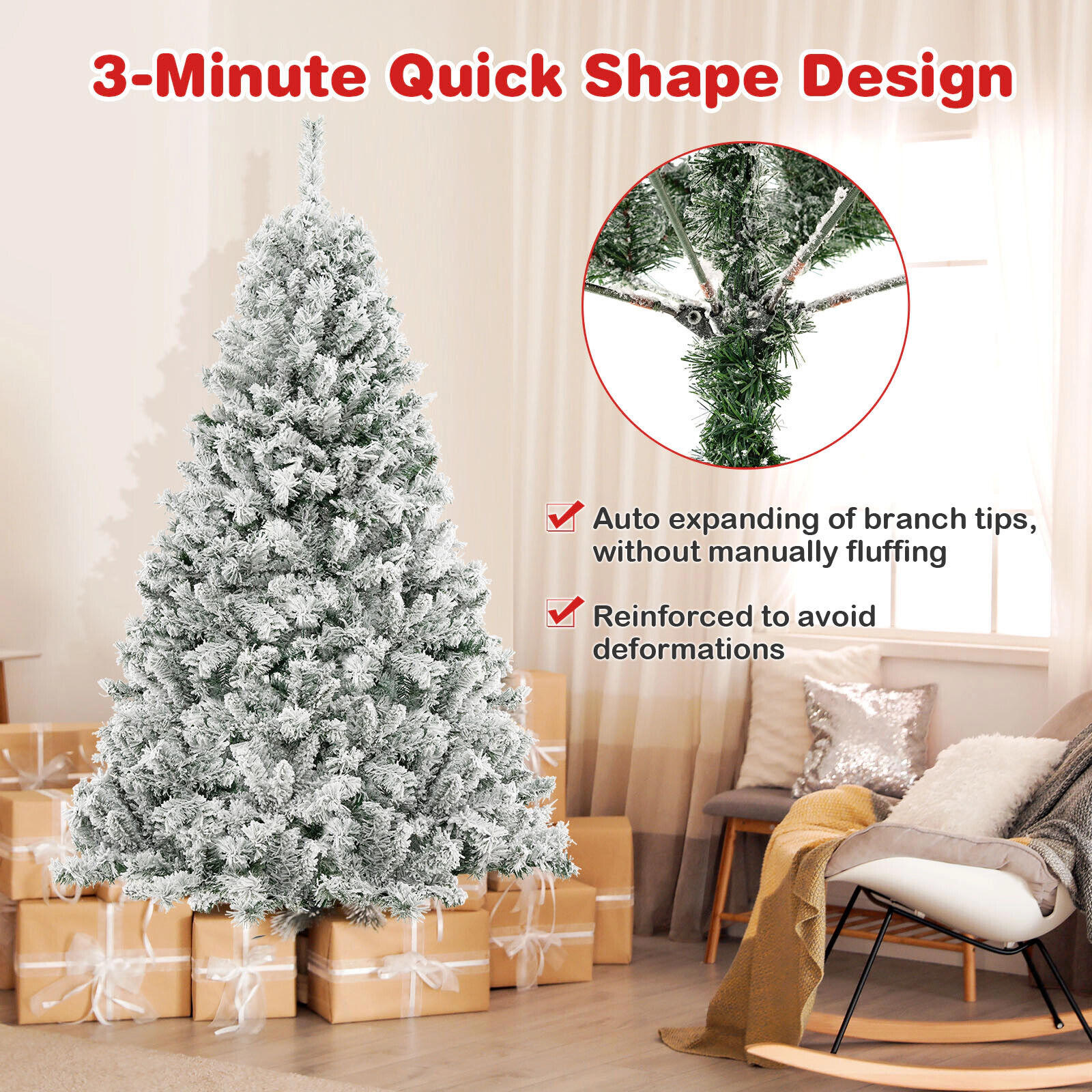 SUGIFT 3-Minute Quick Shape Flocked Artificial Christmas Tree with Warm White LED Lights 6 ft Green & White