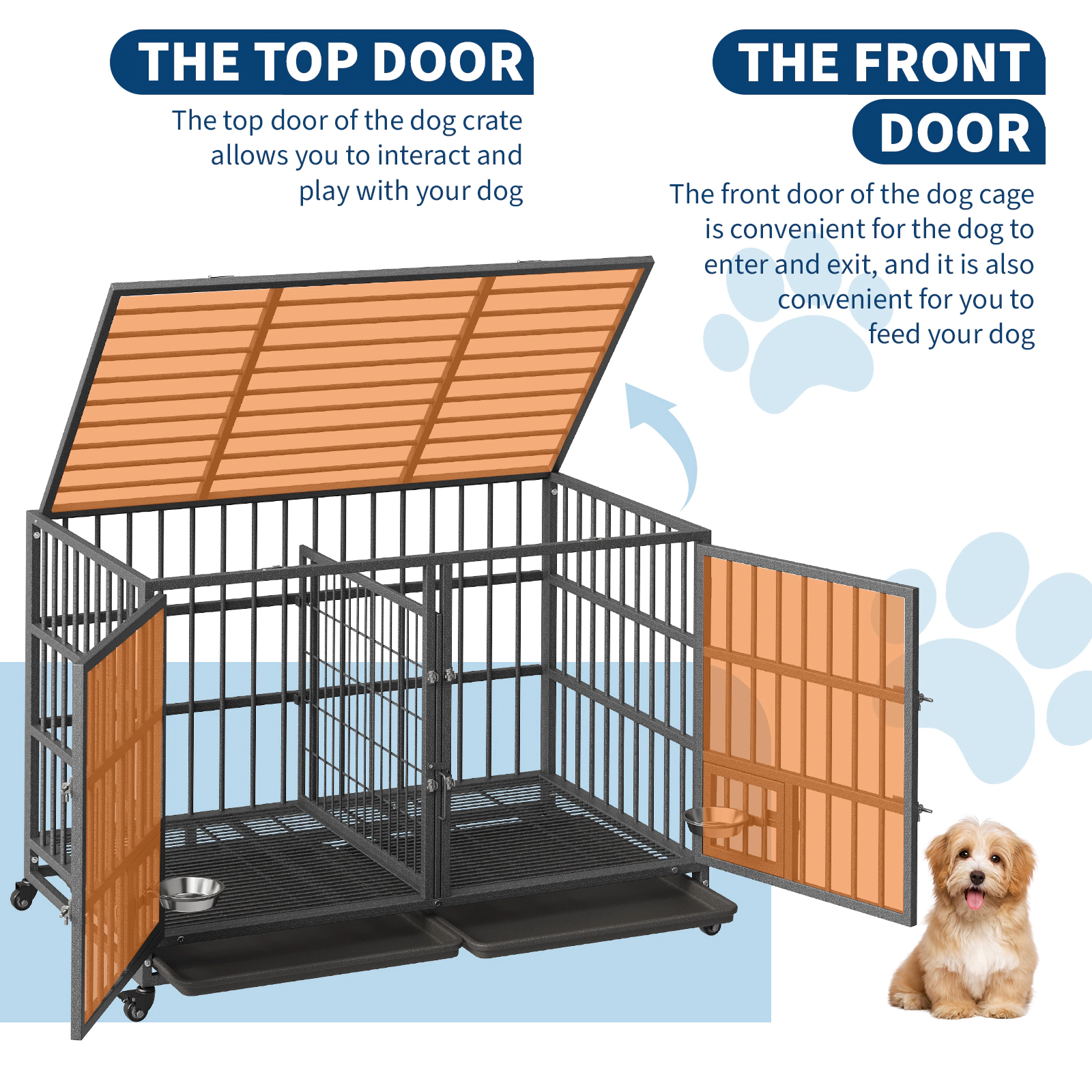 Heavy Duty Extra Large Metal Dog Crate with Roof Top, 2 Doors, Removable Tray & Wheels for High Anxiety Giant Breeds