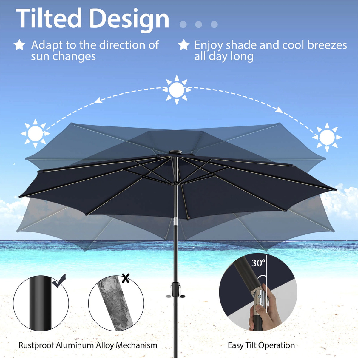 SUGIFT 10-Ft Solar Lighted Patio Umbrella with 112 LED Lights Crank Handle and Tilt 10 x 8.5 in Canopy Navy