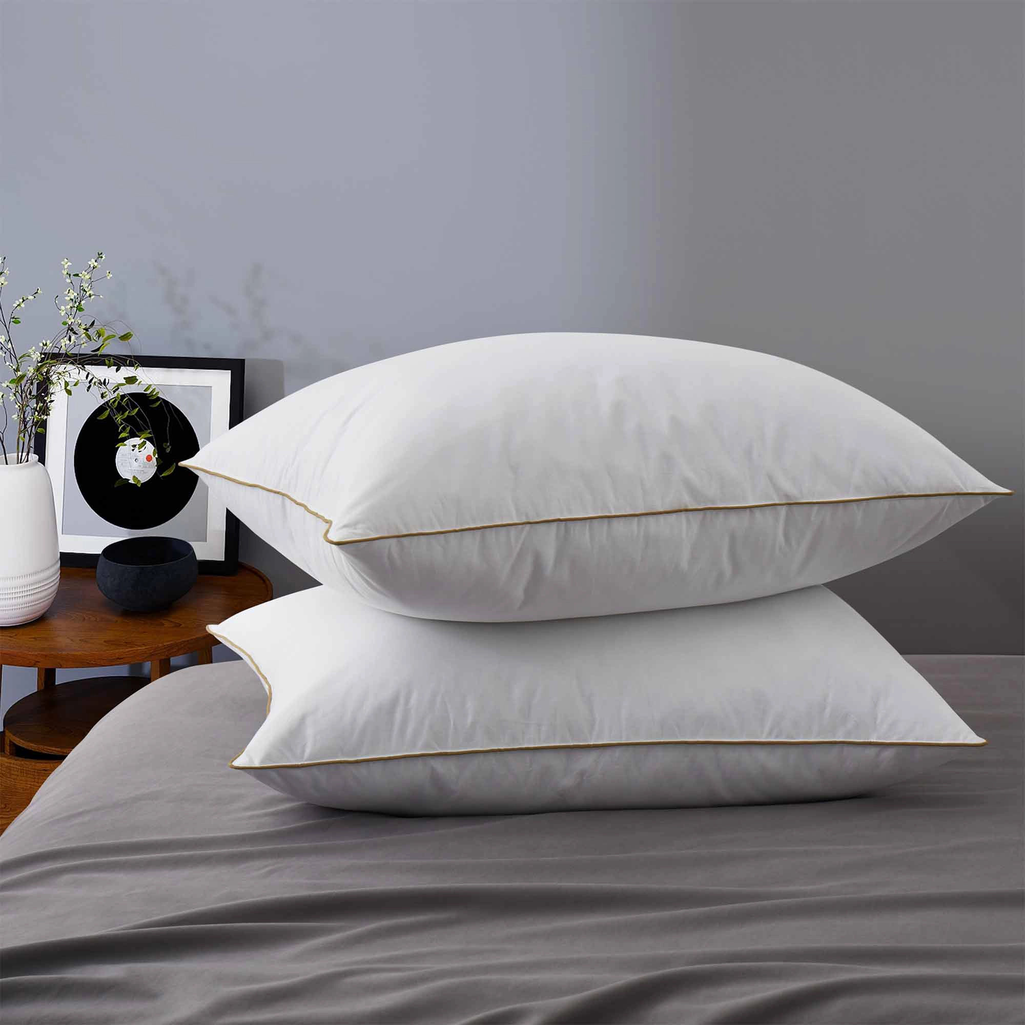 PeaceNest Cotton Shell Goose Feather Sleeping Pillows with Medium Support and Brown Piping,2-Pack