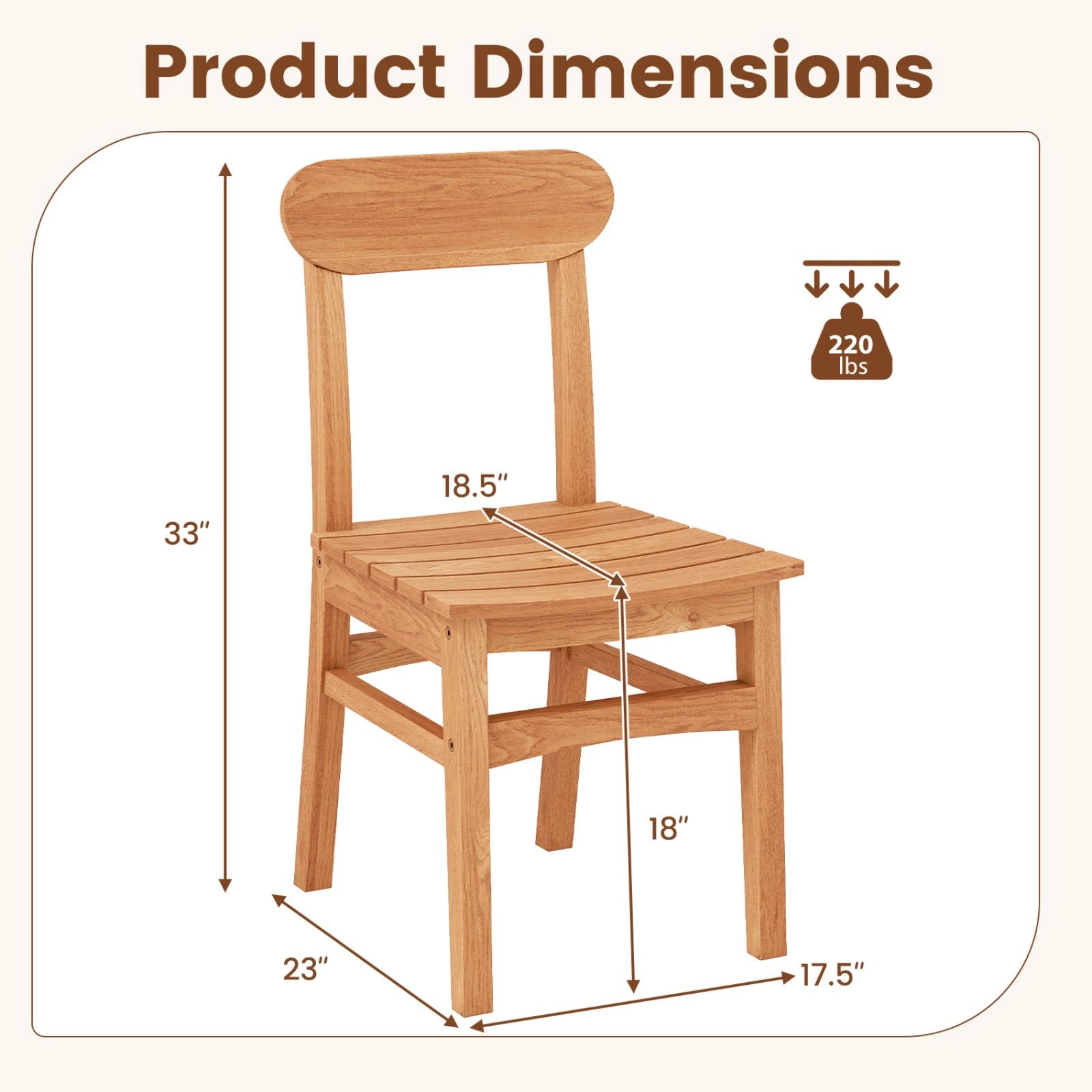 SUGIFT Teak Wood Armless Patio Dining Chair with Slatted Seat 220-Lb Capacity 18-in Seat Height Natural