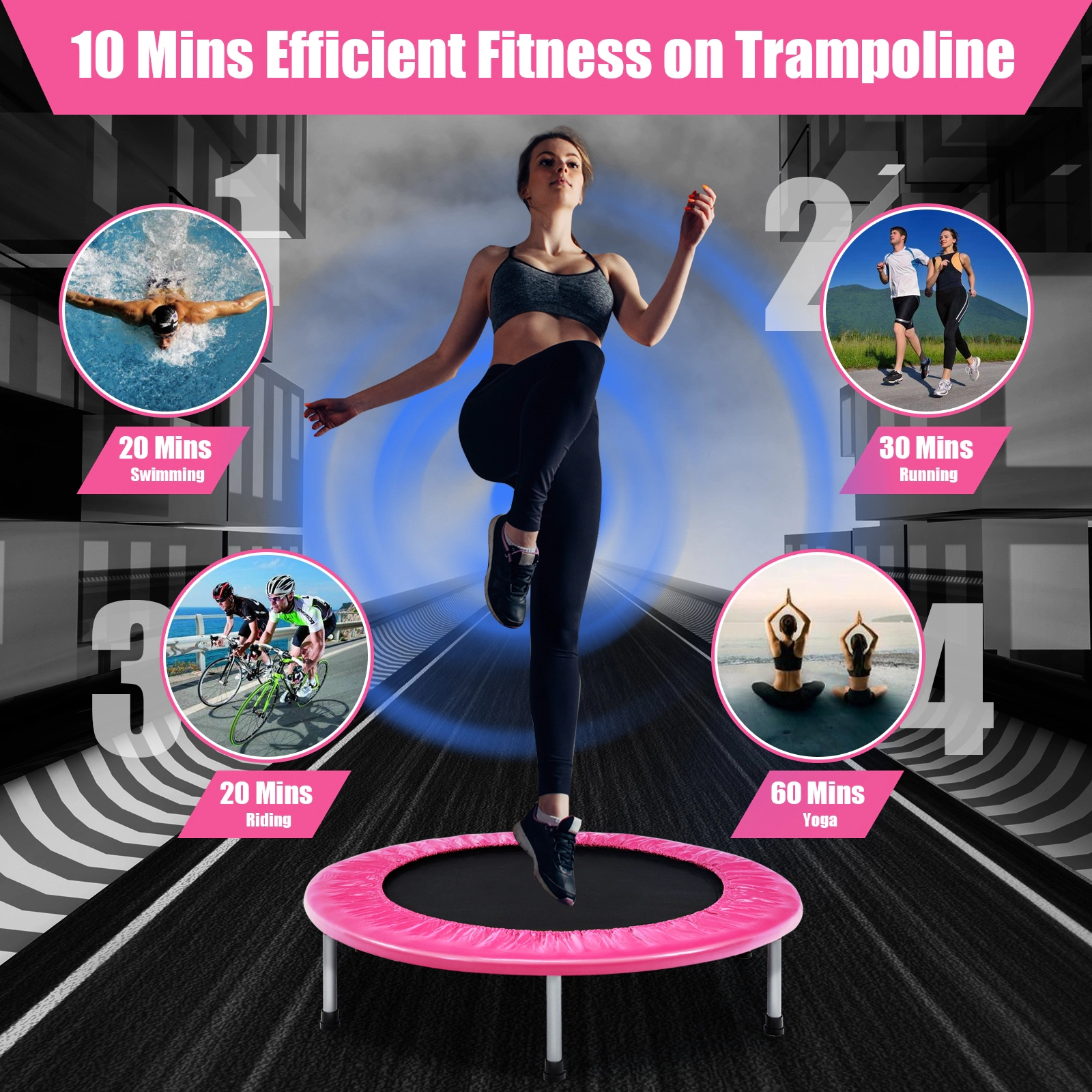 SUGIFT Pink Portable Fitness 38 Inch Adult and Kids Mini Folding Trampoline Rebounder
