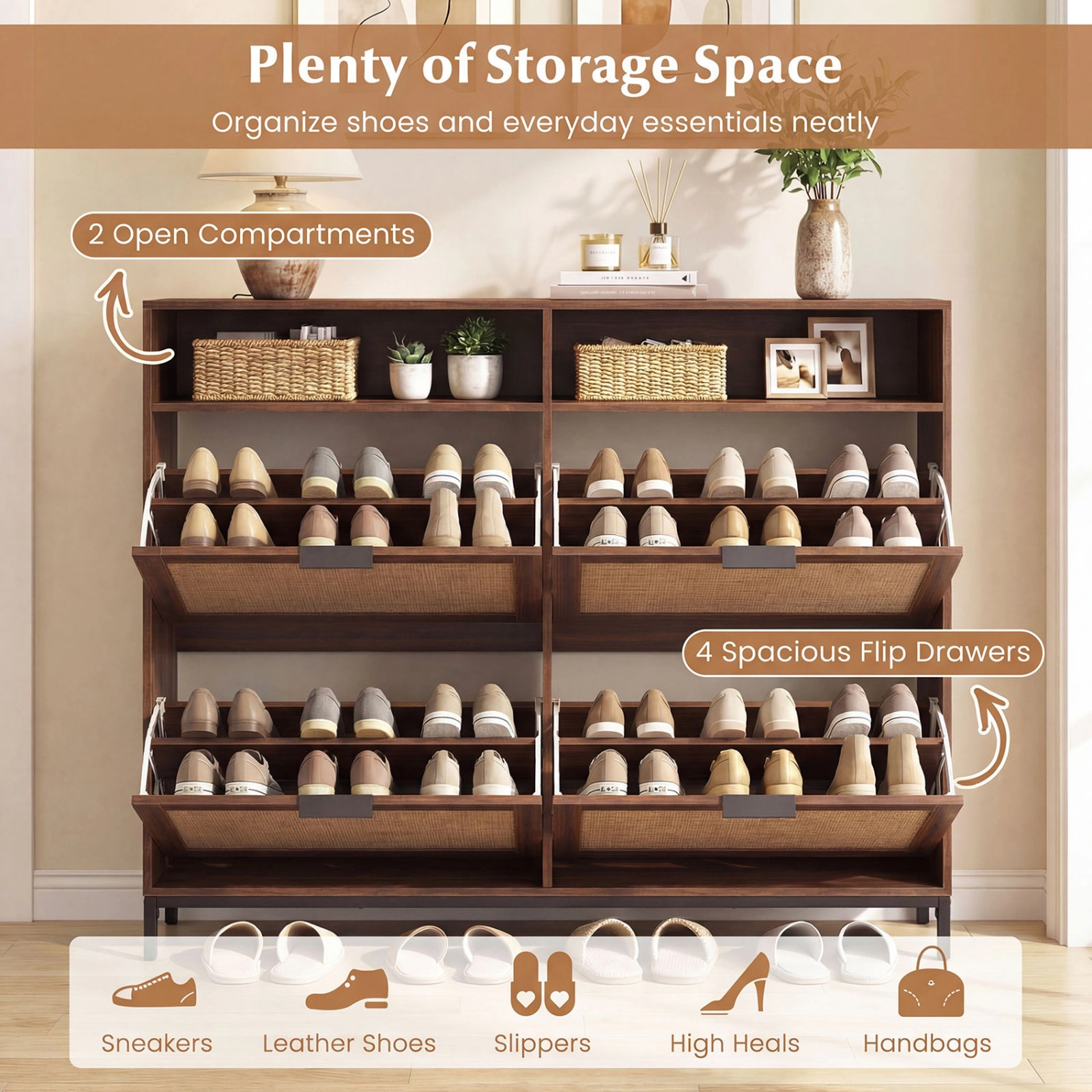 SUGIFT Dark Brown 55-in Wide Freestanding Shoe Storage Cabinet with 4 Flip Drawers and 2 Open Shelves