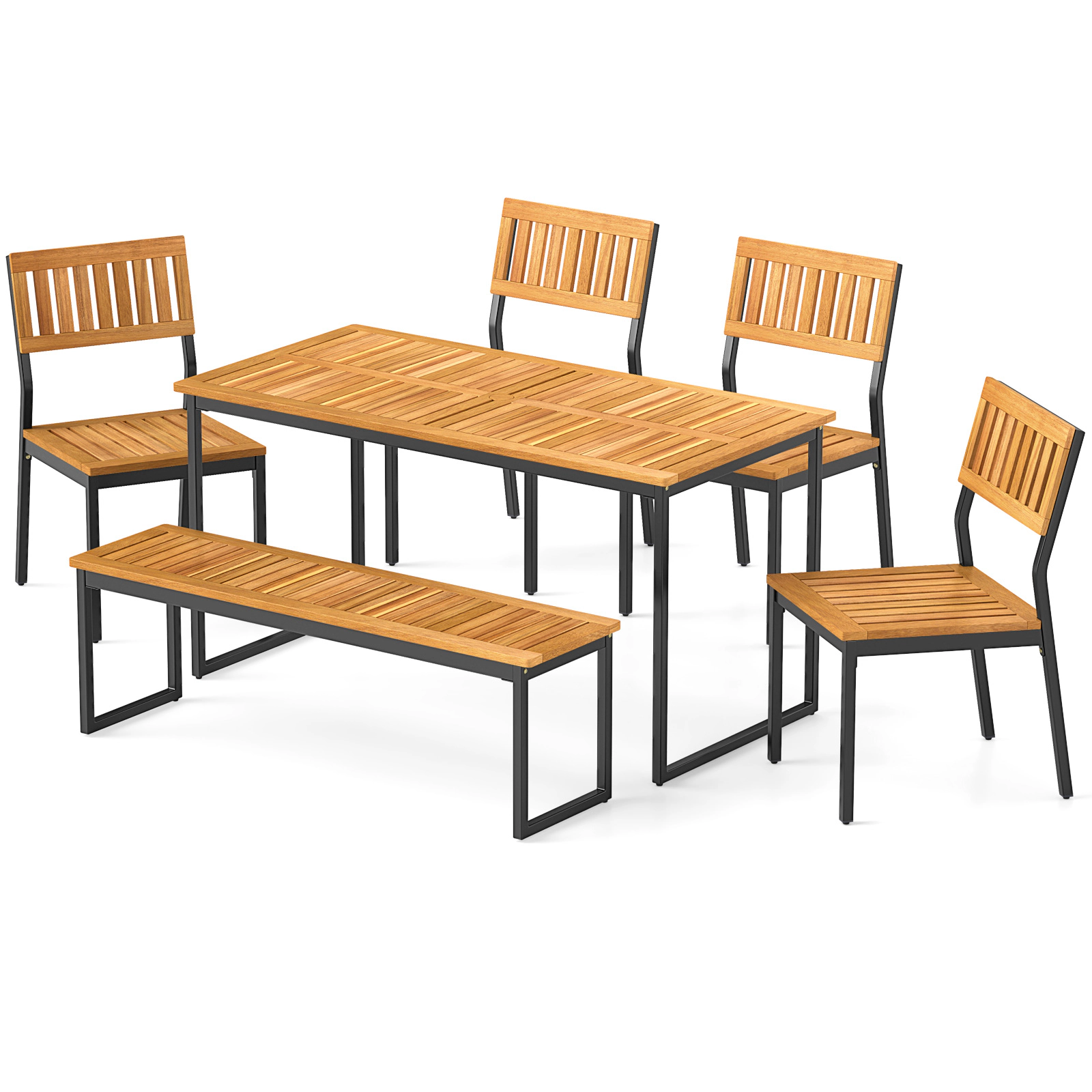 LJG 6 Pieces Outdoor Acacia Wood Dining Set with Bench and 2 Inches Umbrella Hole