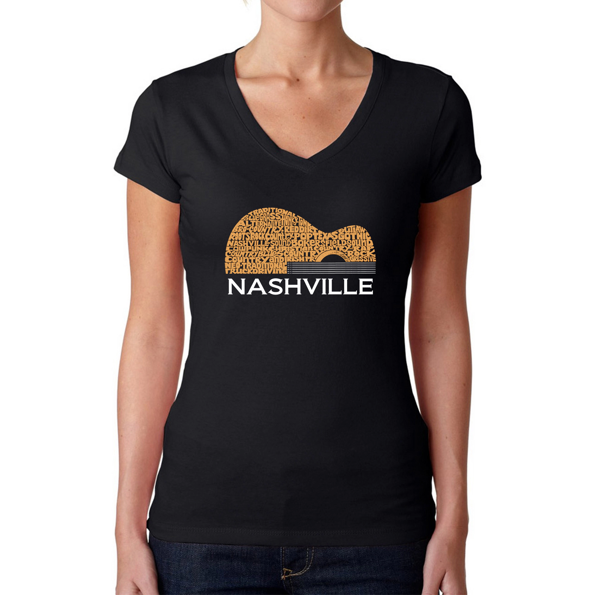 LA Pop Art Womens Word V-Neck T-Shirt - Nashville Guitar