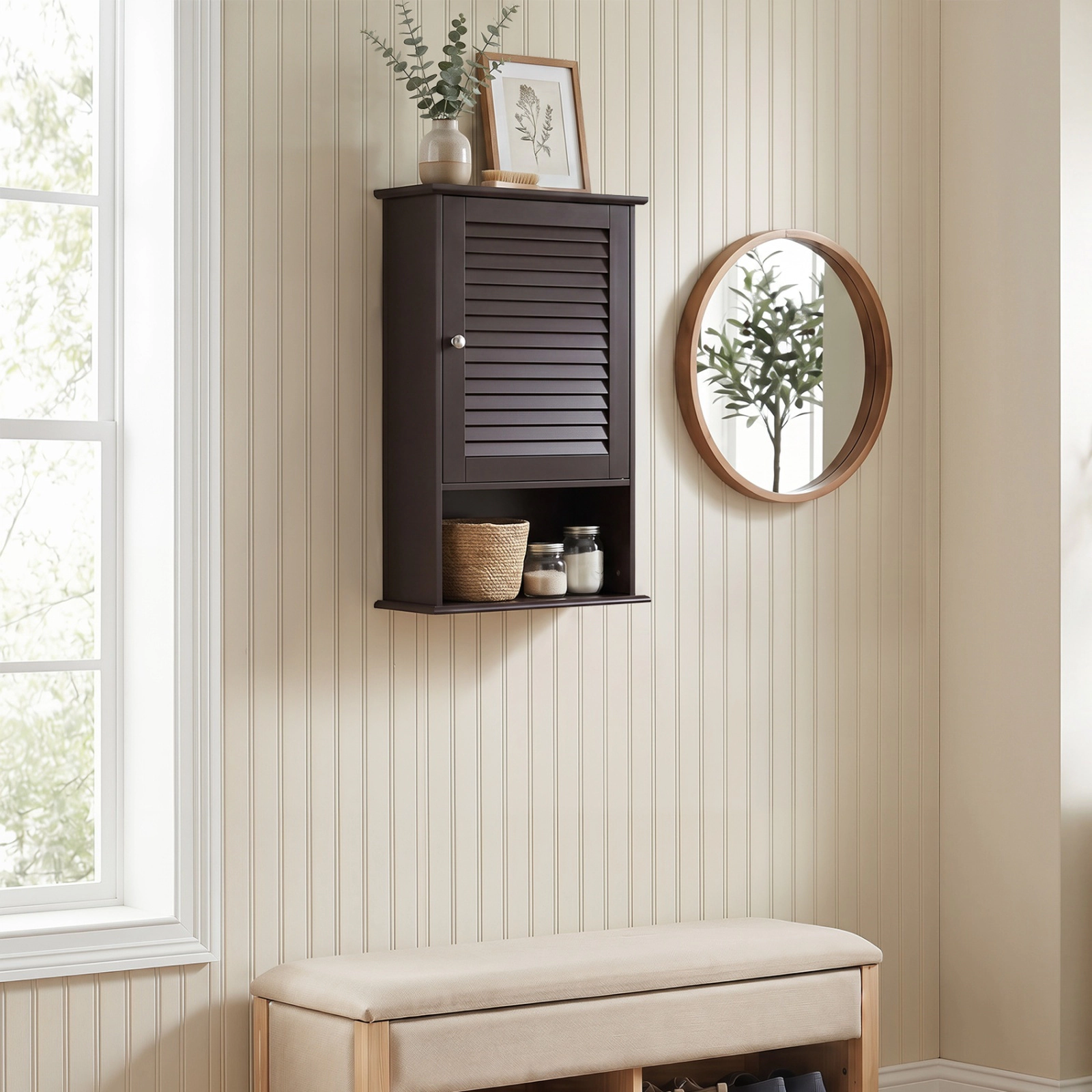 SUGIFT Bathroom Wall Mount Storage Cabinet Single Door with Height Adjustable Shelf 46-lb Capacity Rustic Brown