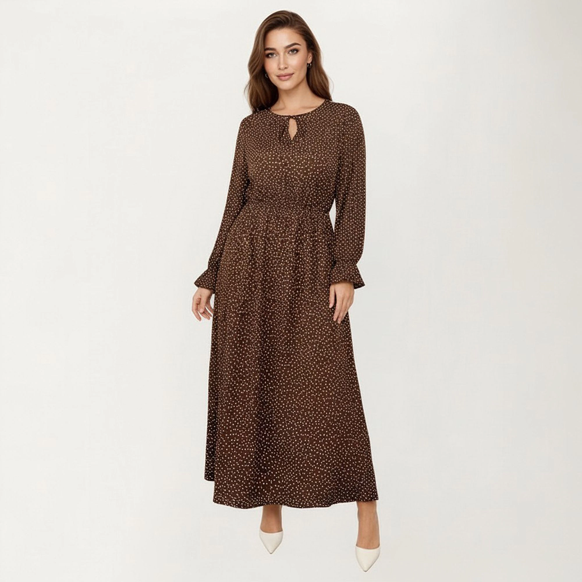 Anna-Kaci Women's Plus Long Sleeve Keyhole Neckline Elastic Waist Flowy A Line Skirt Midi Dress