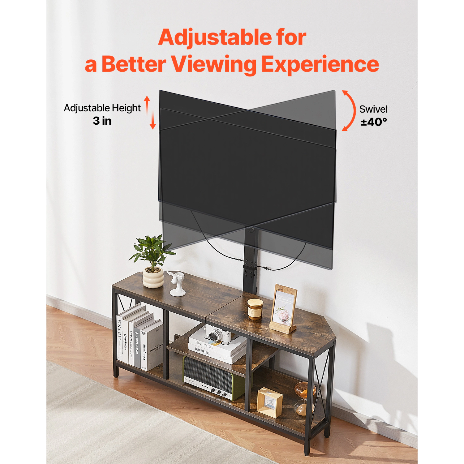 HONGGE TV Stand with Mount for up to 75 in TVs Entertainment Center with Power Outlet & LED Lights Height Adjustable TV
