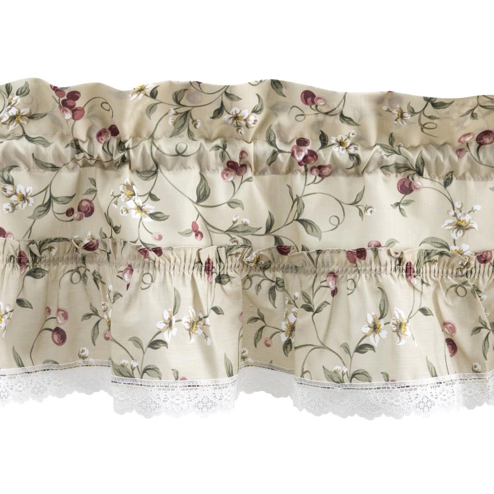 Ellis Curtain Cherries Ruffled 1.5" Rod Pocket Swag Lace Edge Window Curtain 58"x36" Natural
