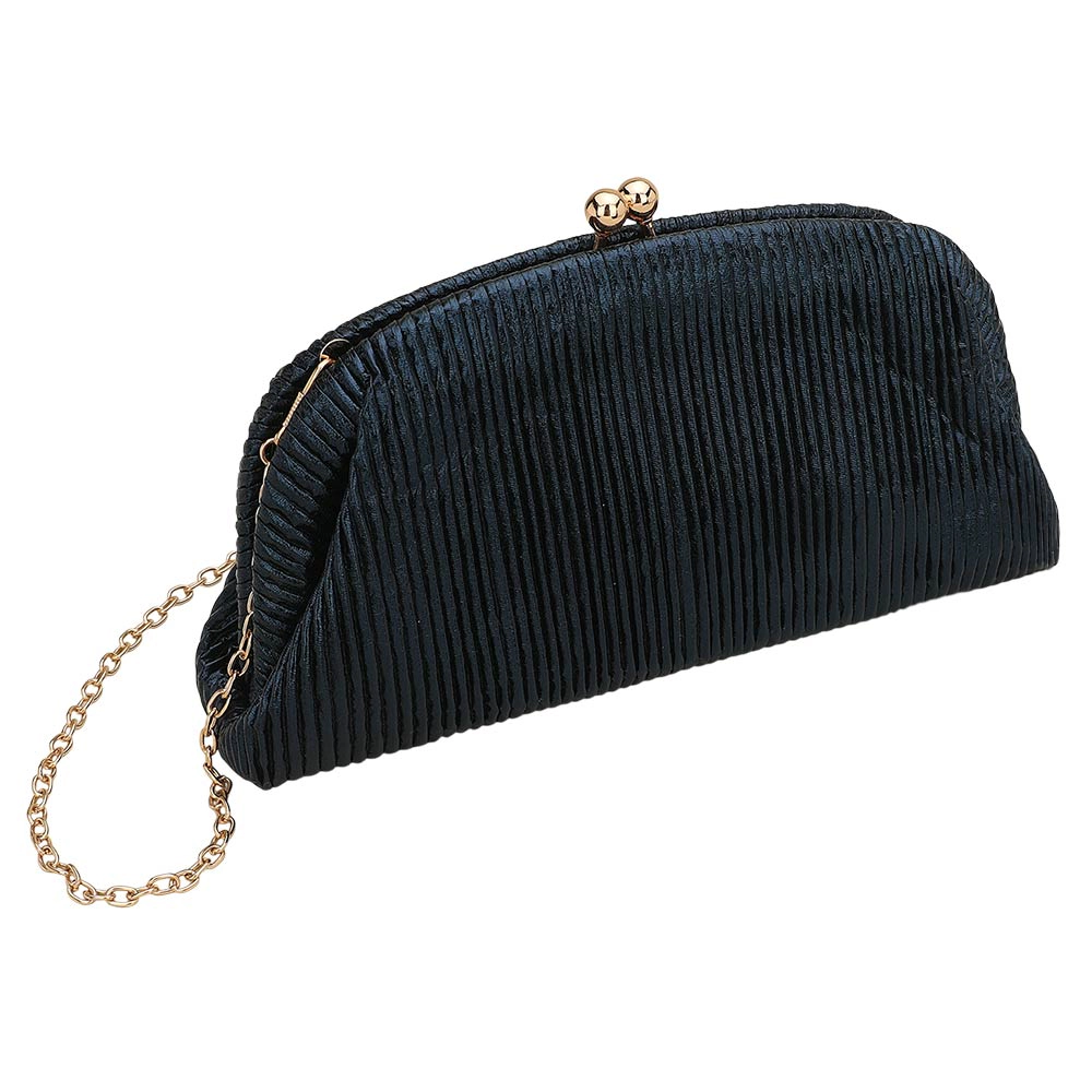 Fashnzfab Faux Leather Metallic Pleated Half Moon Shape Evening Clutch Crossbody Bag