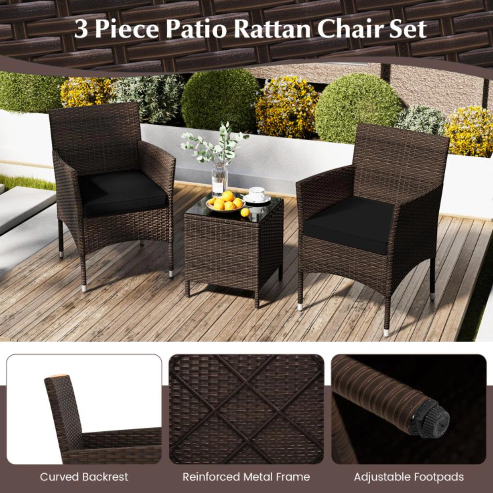 Hivvago 3 Pieces Outdoor Conversation Set With Cushioned Seat And Glass Tabletop