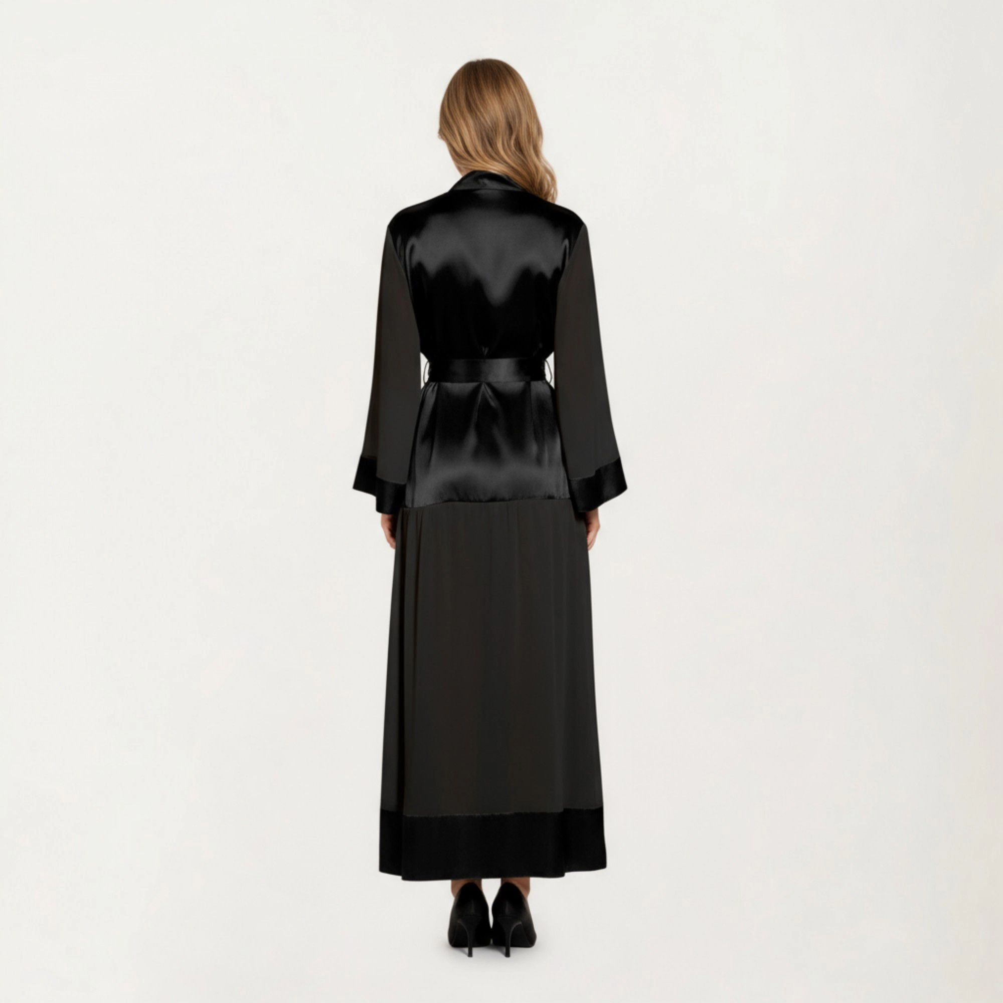 Anna-Kaci Women's Long Satin Robe with Belted Waist and Wide Sleeves