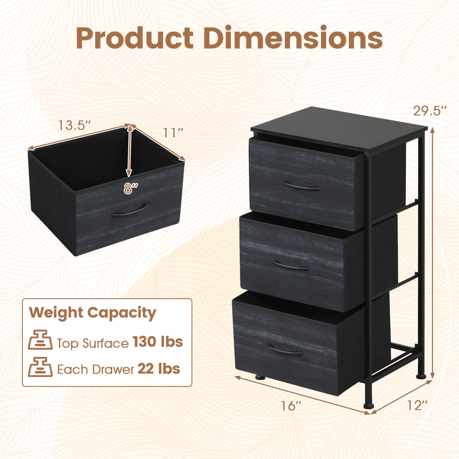 LJG Dresser Nightstand with Roomy Fabric Drawers for Bedroom Storage Cabinet Metal Frame