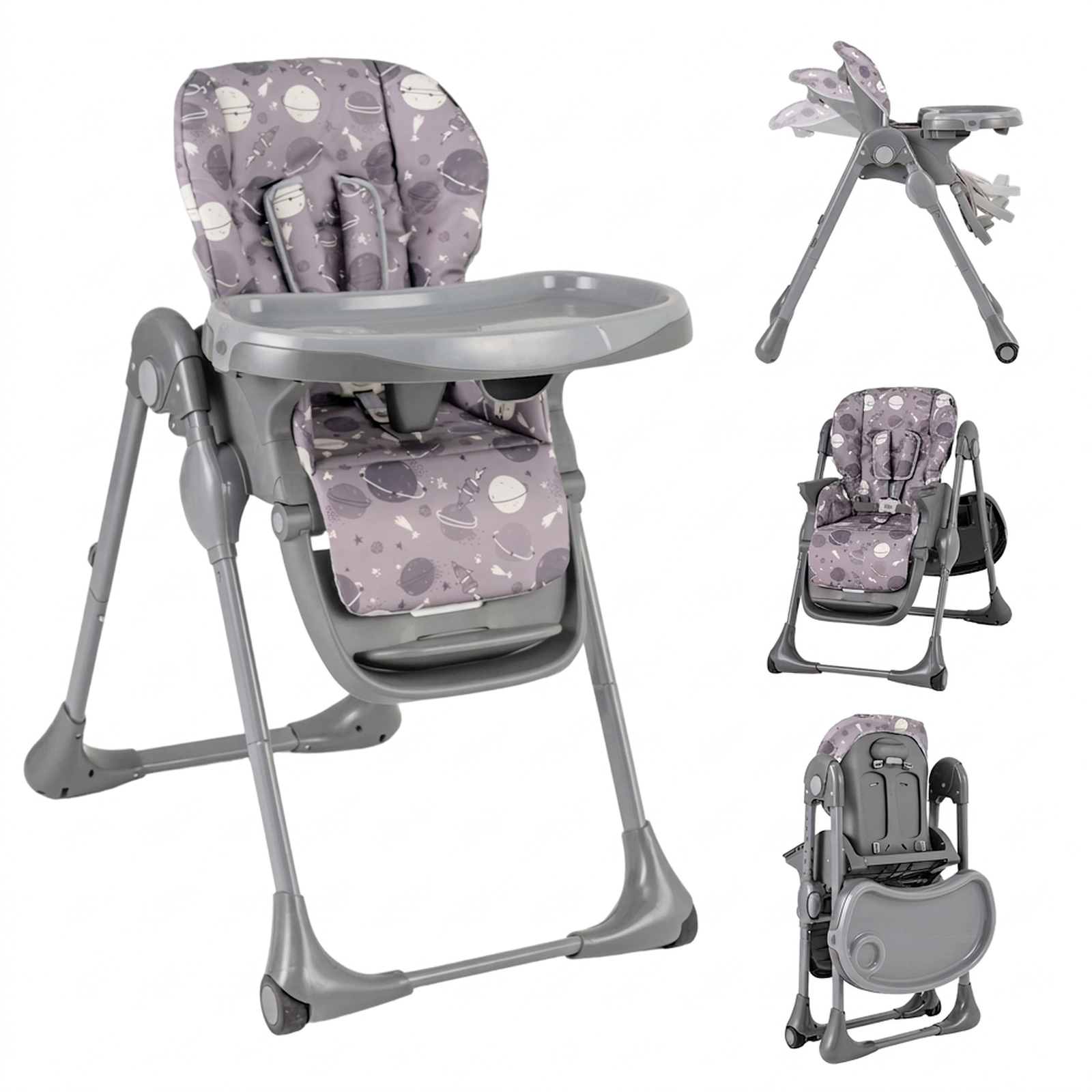 SUGIFT Foldable High Chair with Detachable PU Cushion, Double Tray and Wheels 33-lb Capacity Ages 6-36 Months Gray