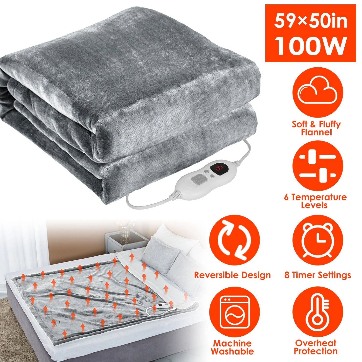 GBruno Flannel Electric Heated Throw Blanket 50x59 In