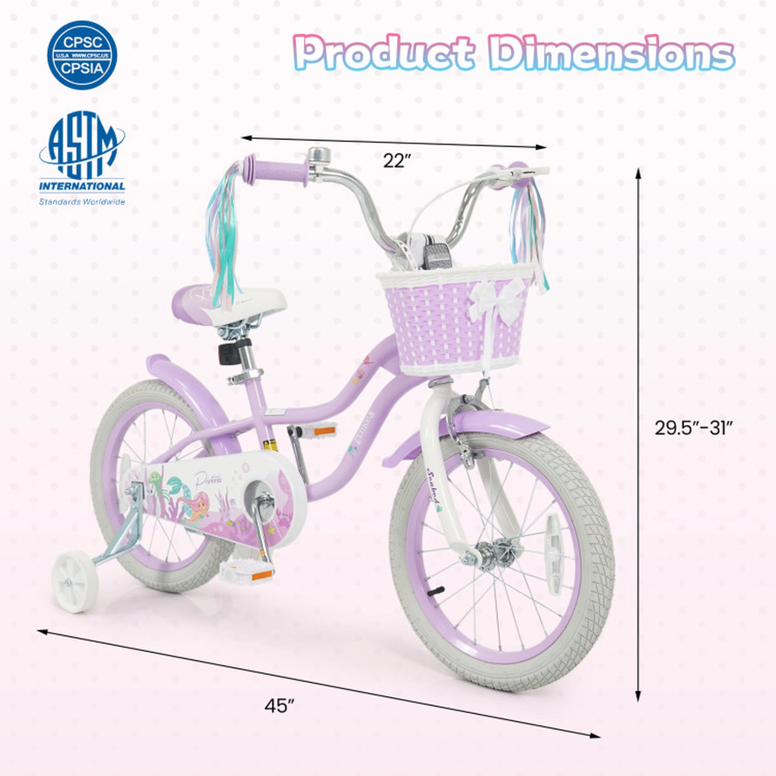 SUGIFT Adjustable 16-in Kids Bike with Training Wheels 110-lb Capacity Ages 4-7 Purple with Basket and Streamers