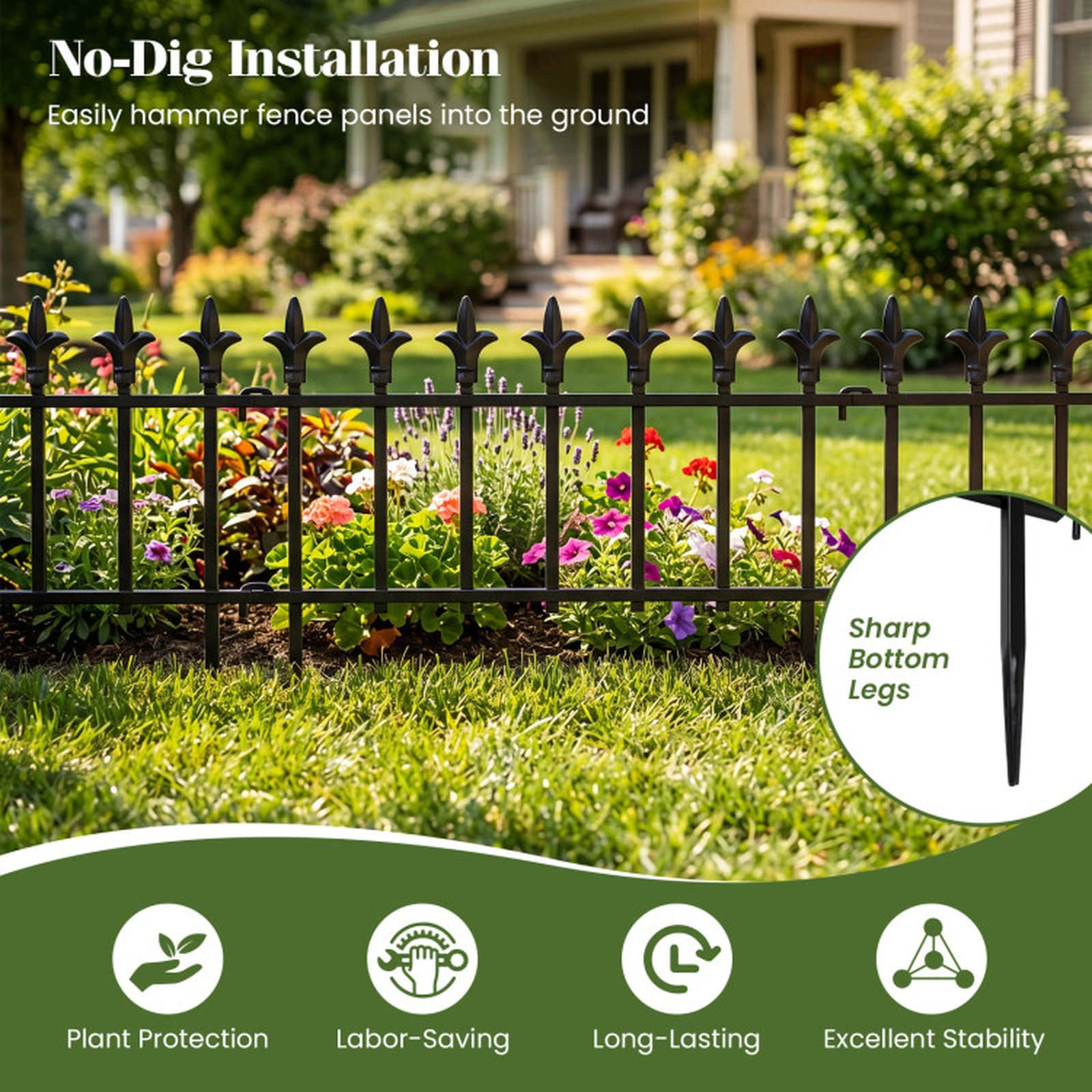 SUGIFT 10-Pack Black Metal No Dig Garden Border Fence with Decorative Finials 22-in W 17-in H 18-ft Total