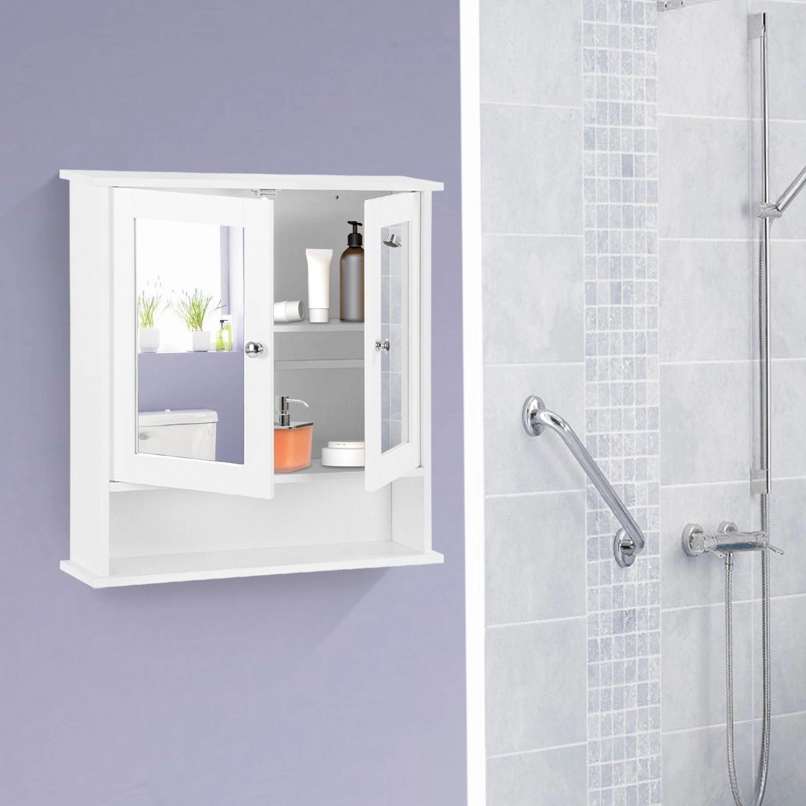 SlickBlue Double Door Mirrored Bathroom Storage Cabinet, White