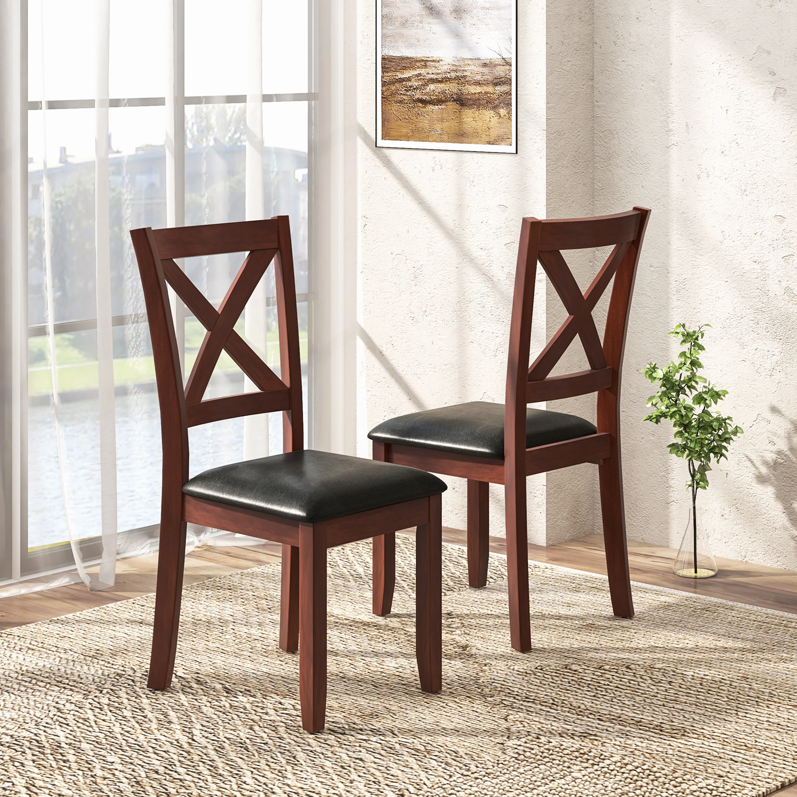 SUGIFT Set of 2 Wooden Kitchen Dining Chairs with Padded Seat and Rubber Wood Legs 355-lb Capacity Brown and Black