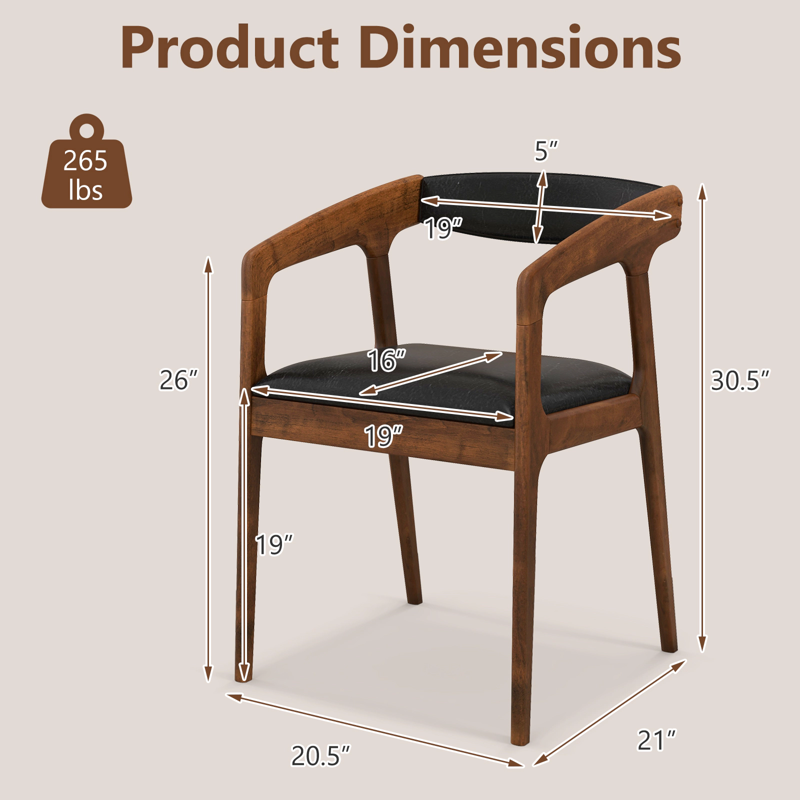 SUGIFT Upholstered Armchairs Set of 2 Dining Chairs Cozy Backrest & Padded Seat Cushion 265-lb Capacity Brown & Black