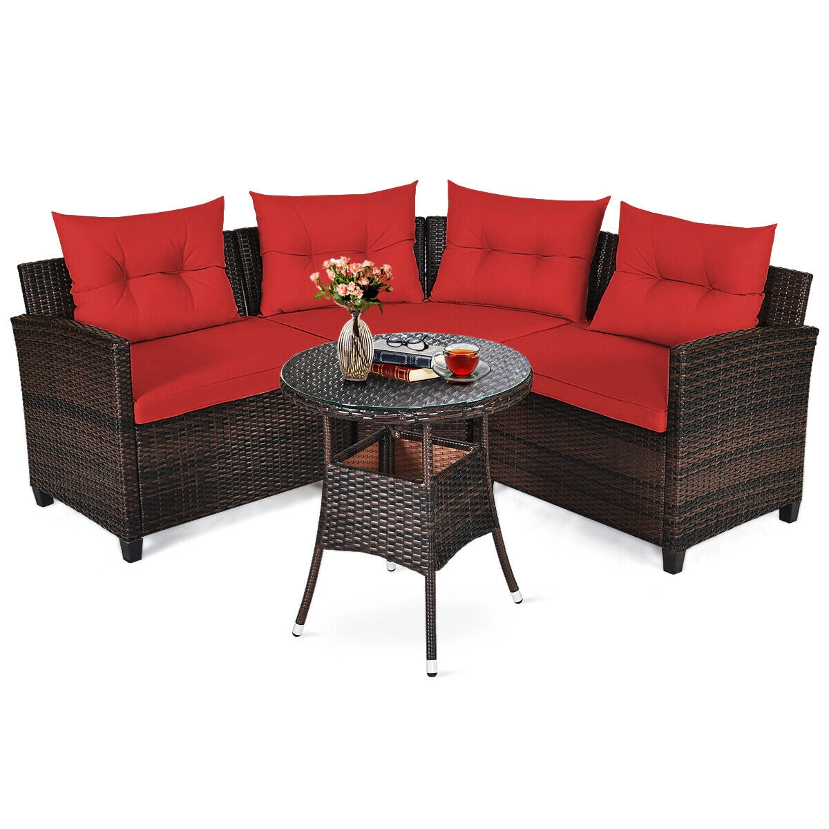SUGIFT 4-Piece Red Rattan Patio Sofa Set with Cushions and Glass Table