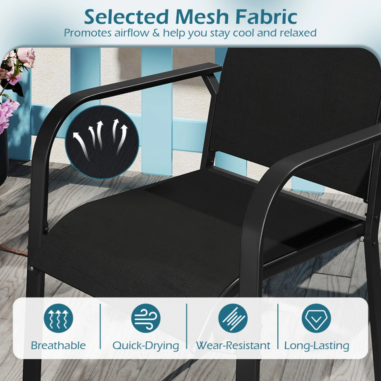SUGIFT Set of 4 Stackable Patio Dining Armchairs, Breathable Mesh, Metal Frame, 350 lb Capacity