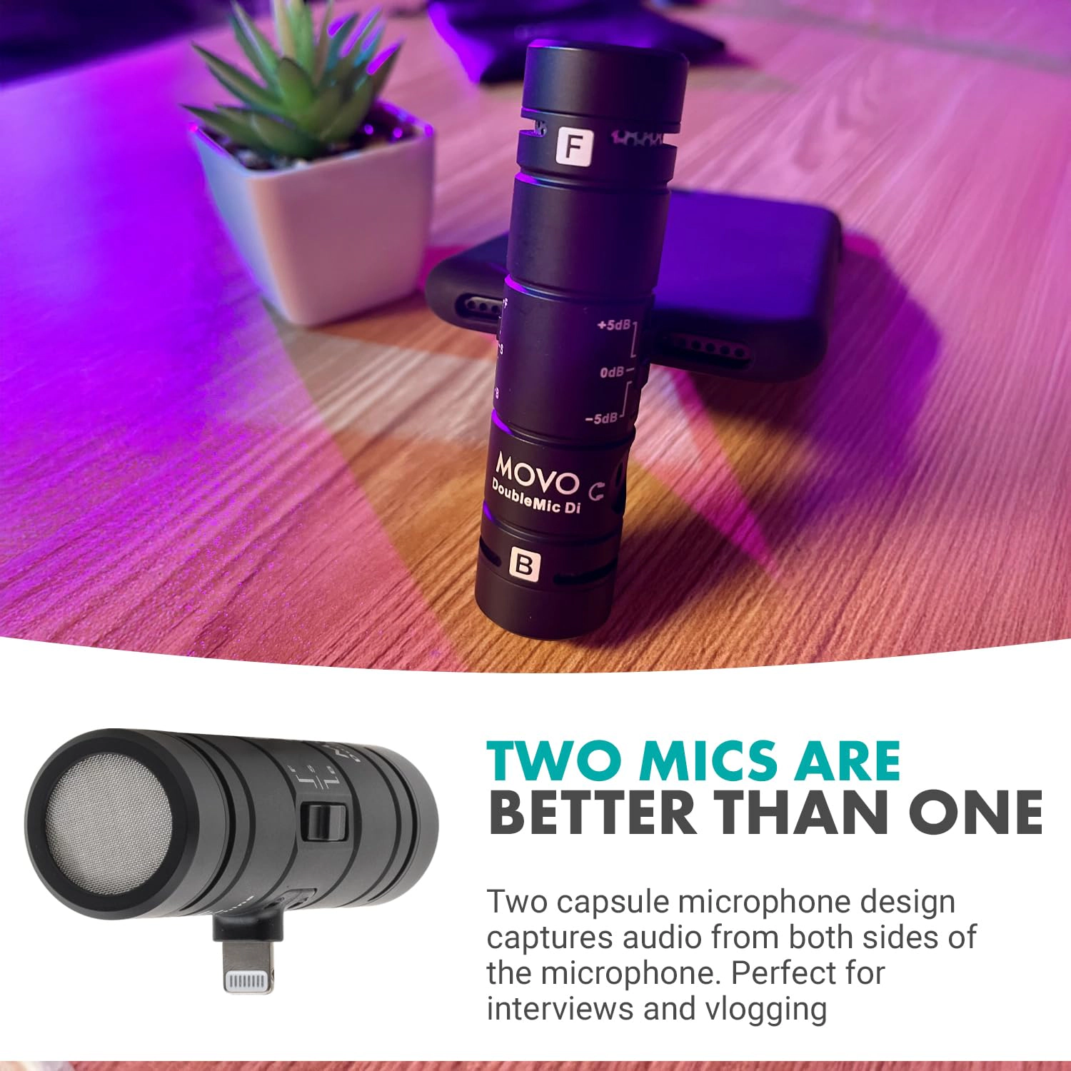 Movo DoubleMic-DI Dual Capsule Microphone for iPhone- Two-Sided Cardioid Condenser Mic for Video Recording