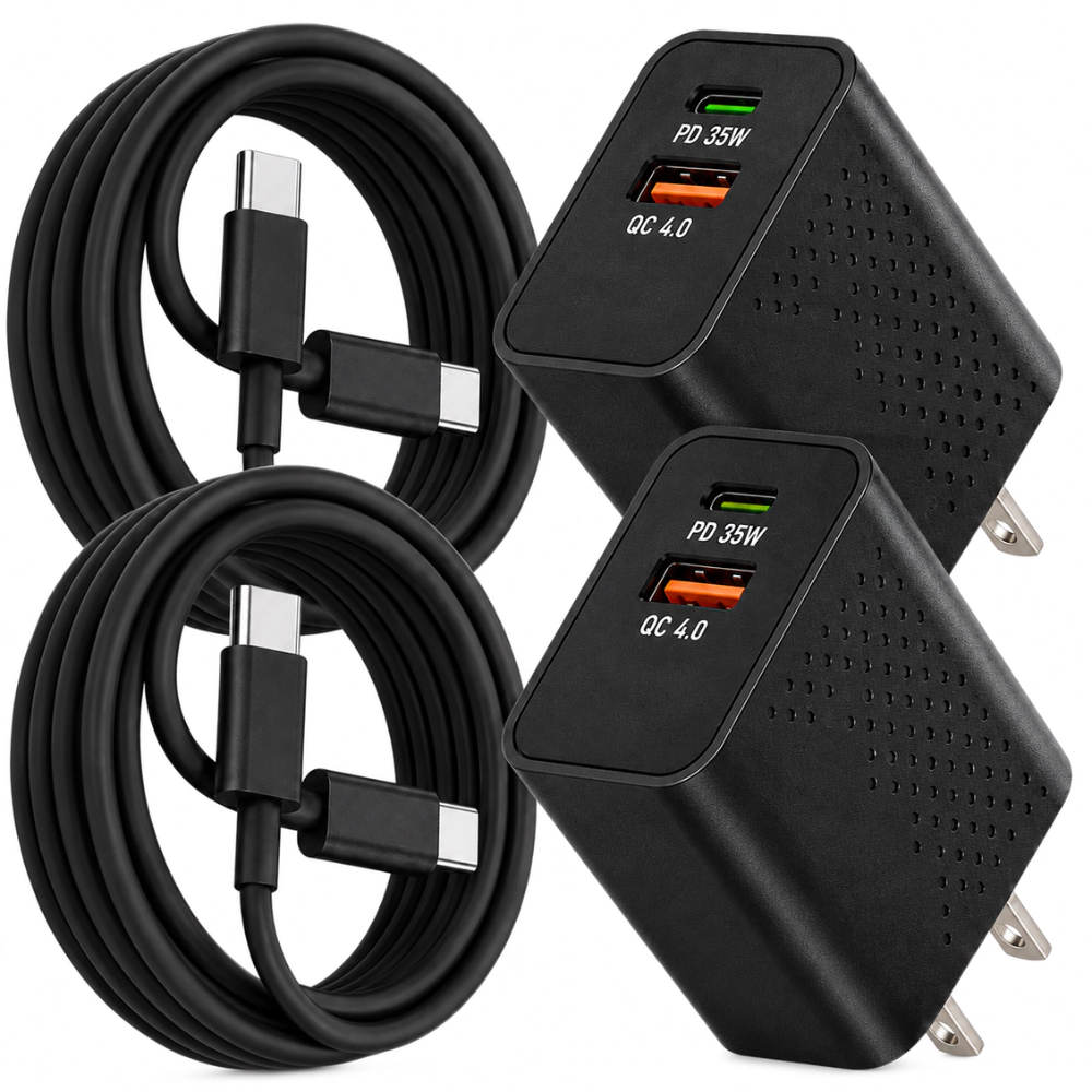 Qixxronics 35W USB C Super Fast Charger, (2-Pack) USB-C 6Ft Cable for Samsung Galaxy, iPhone 17 16 15, iPad, Pixels